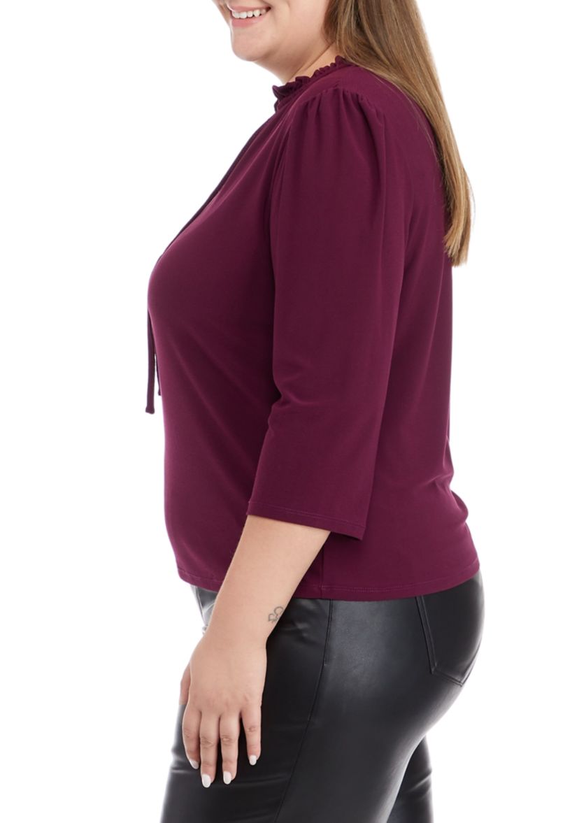 Plus Size 3/4 Sleeve Ruched Tie Neck Knit Top