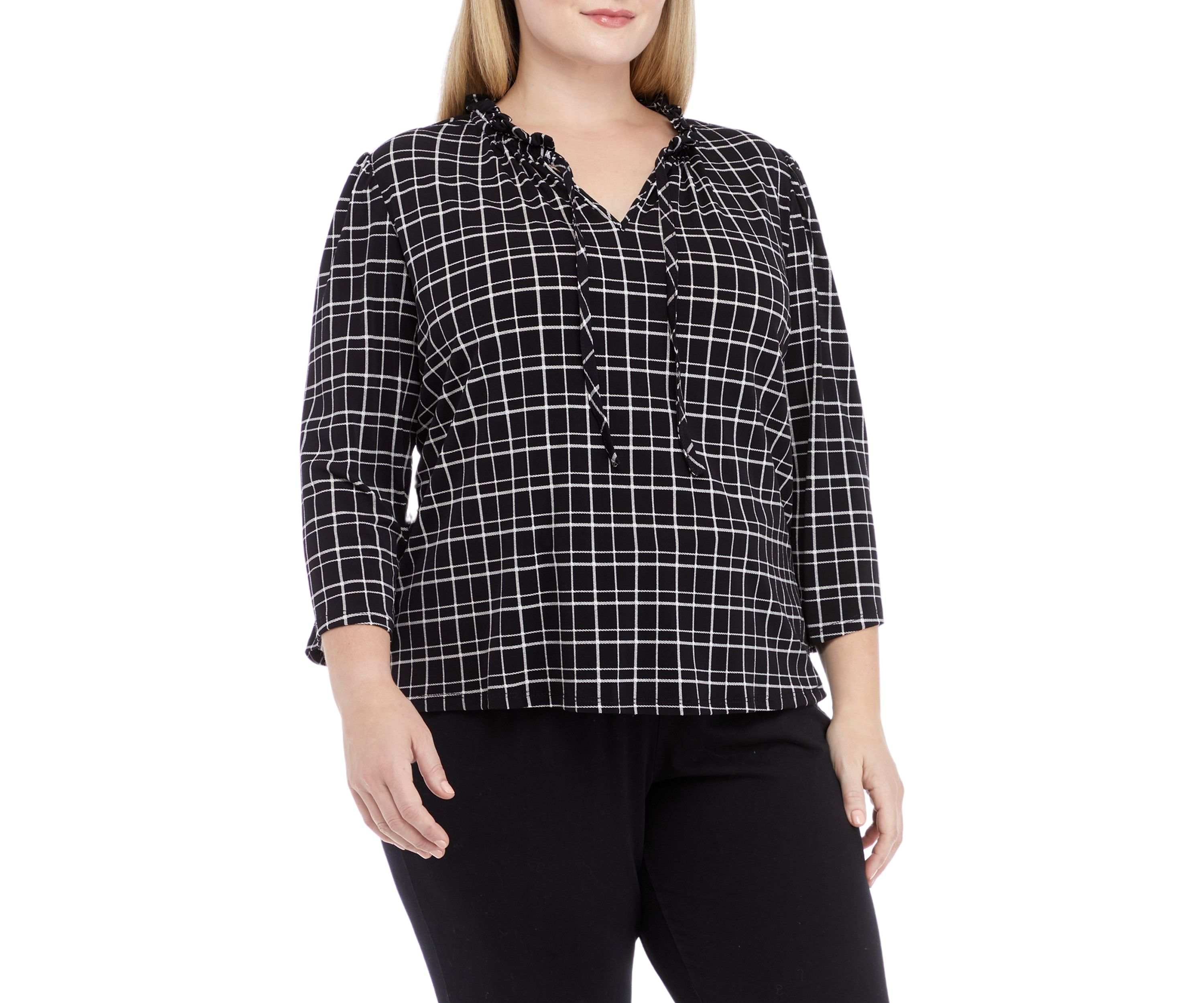 Plus Size 3/4 Sleeve Ruched Tie Neck Knit Top