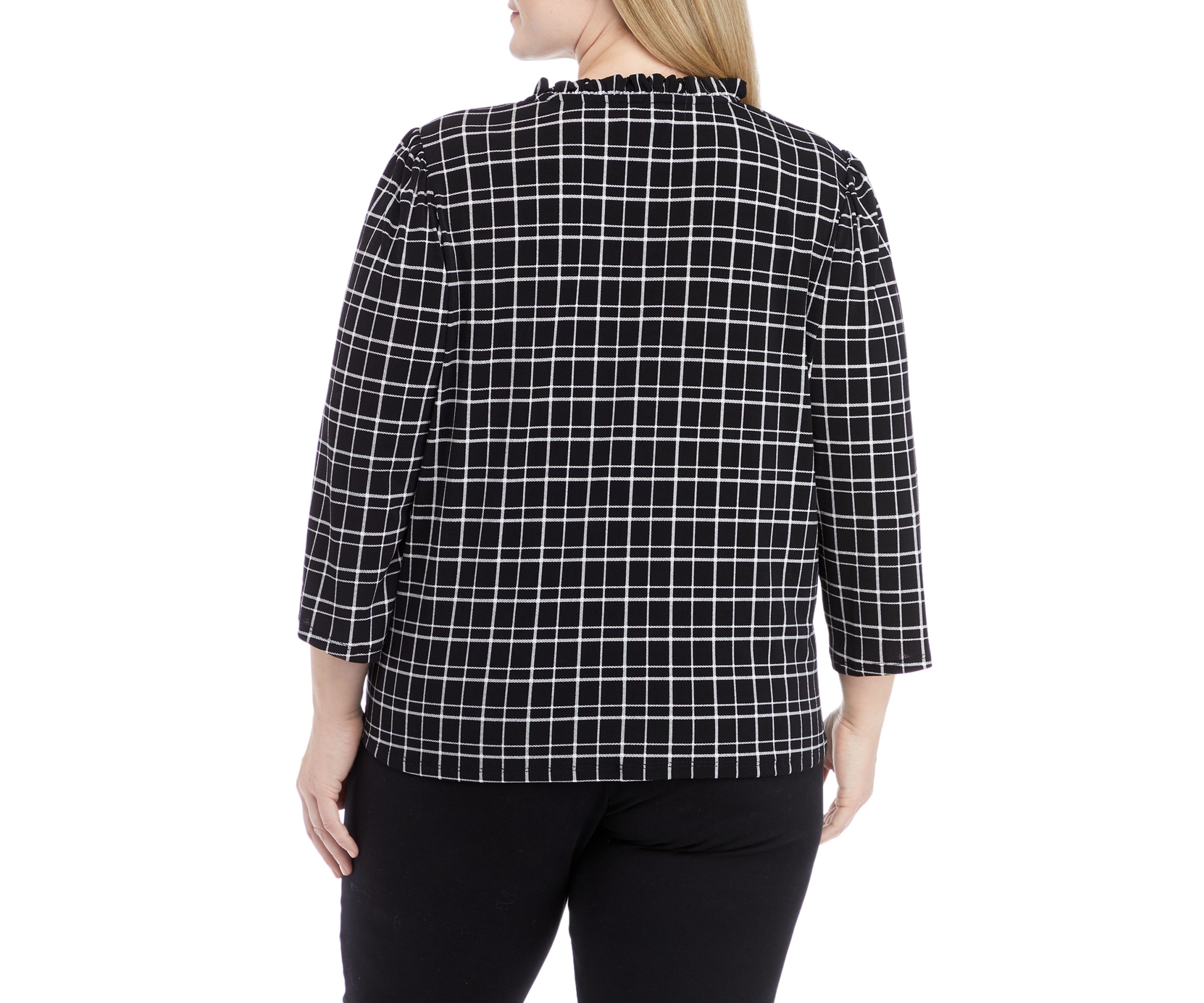 Plus Size 3/4 Sleeve Ruched Tie Neck Knit Top