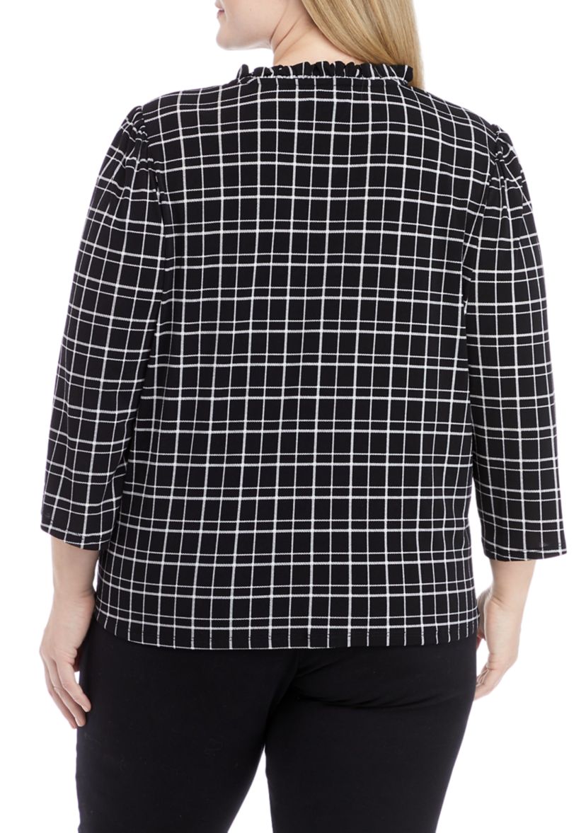 Plus Size 3/4 Sleeve Ruched Tie Neck Knit Top