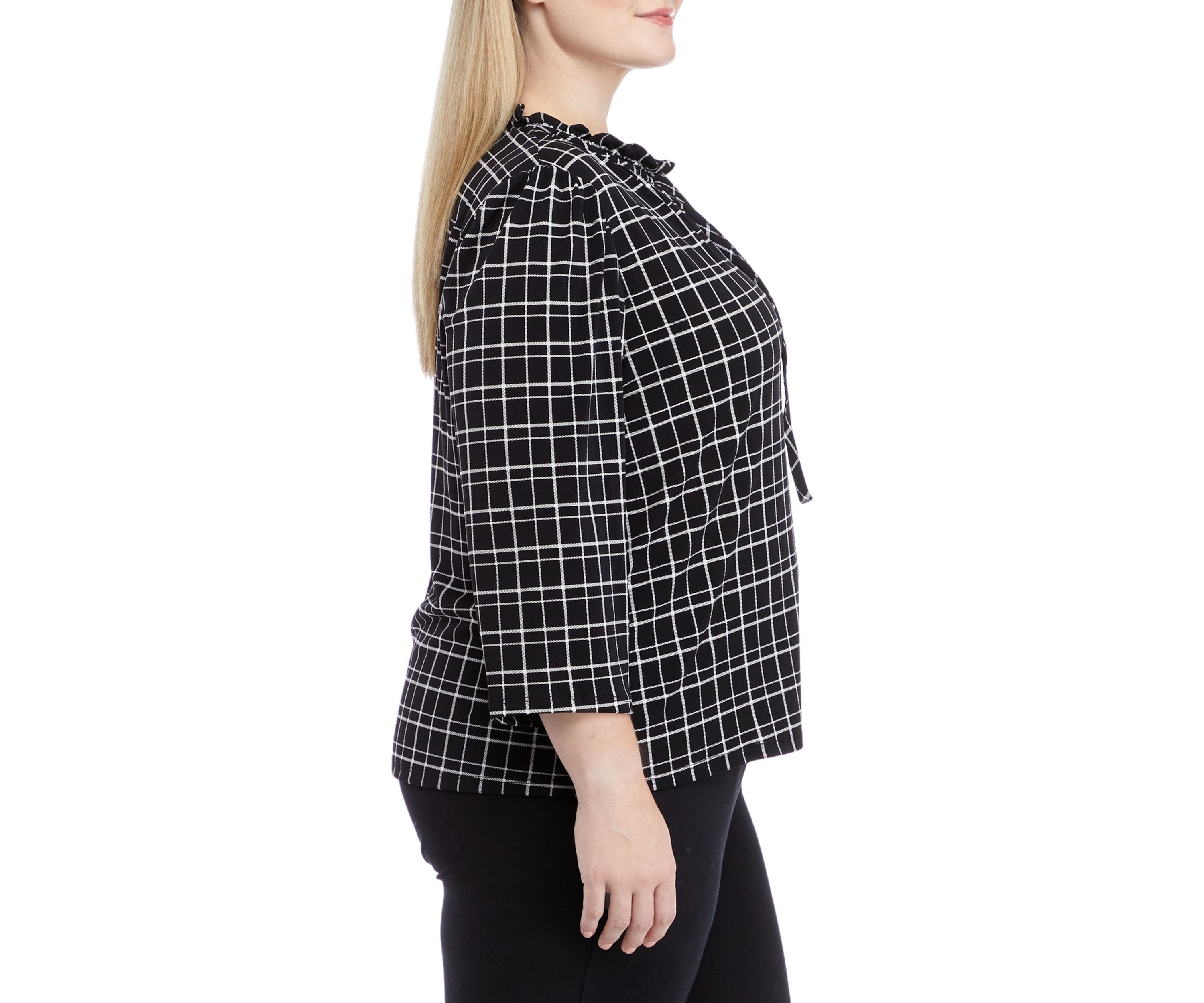 Plus Size 3/4 Sleeve Ruched Tie Neck Knit Top
