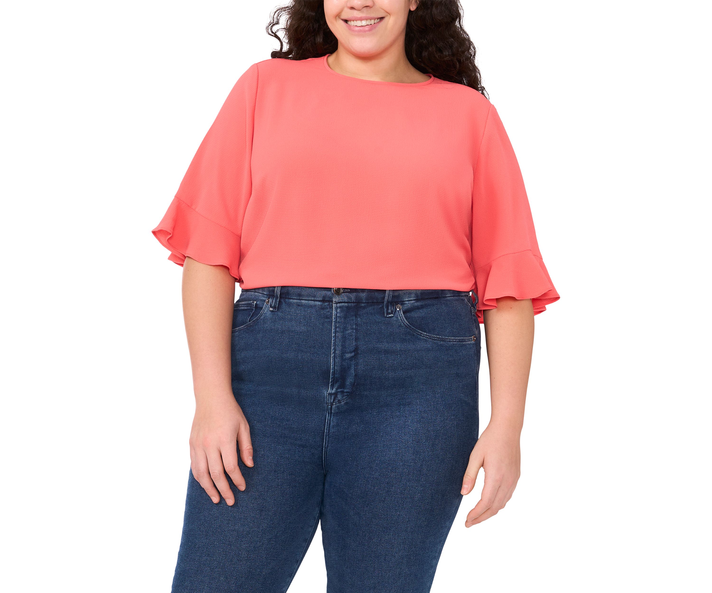 Plus Size Short Sleeve Ruffle Cuff Woven Solid Top