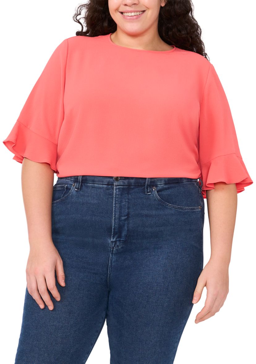 Plus Size Short Sleeve Ruffle Cuff Woven Solid Top