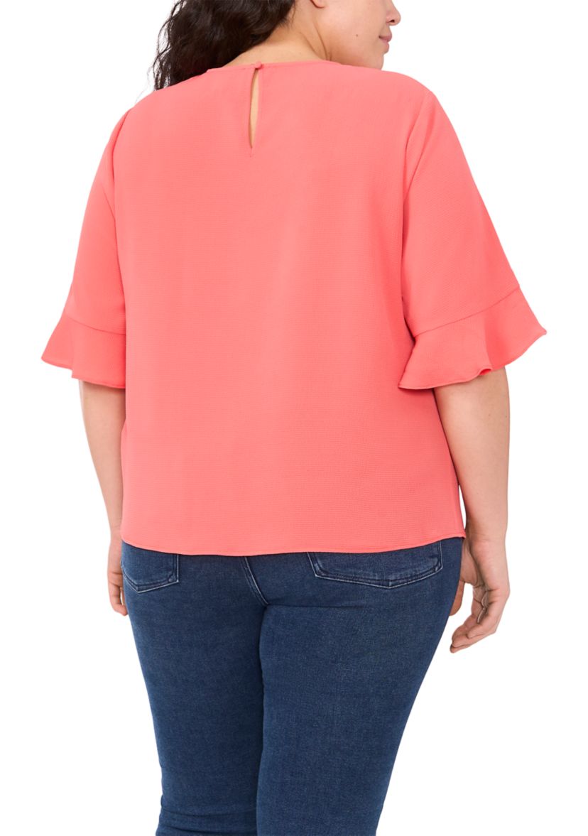 Plus Size Short Sleeve Ruffle Cuff Woven Solid Top