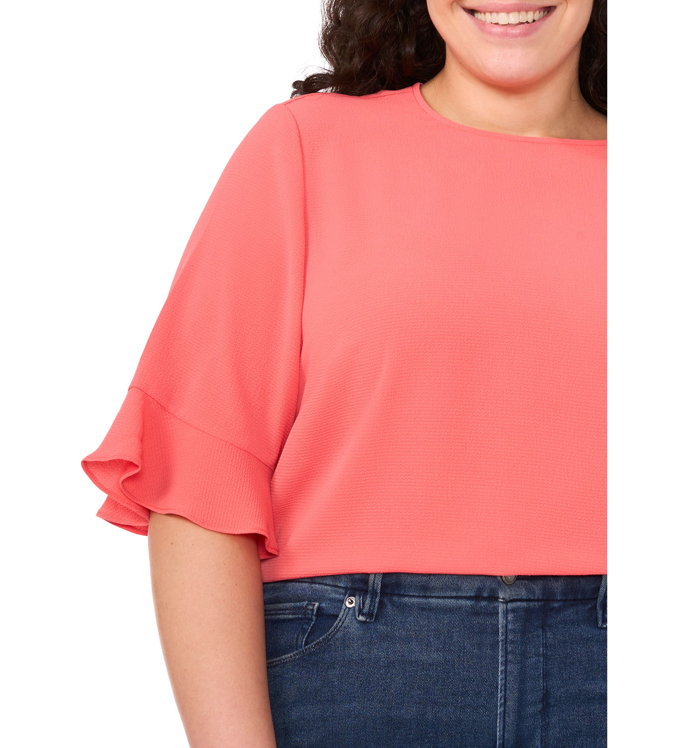 Plus Size Short Sleeve Ruffle Cuff Woven Solid Top