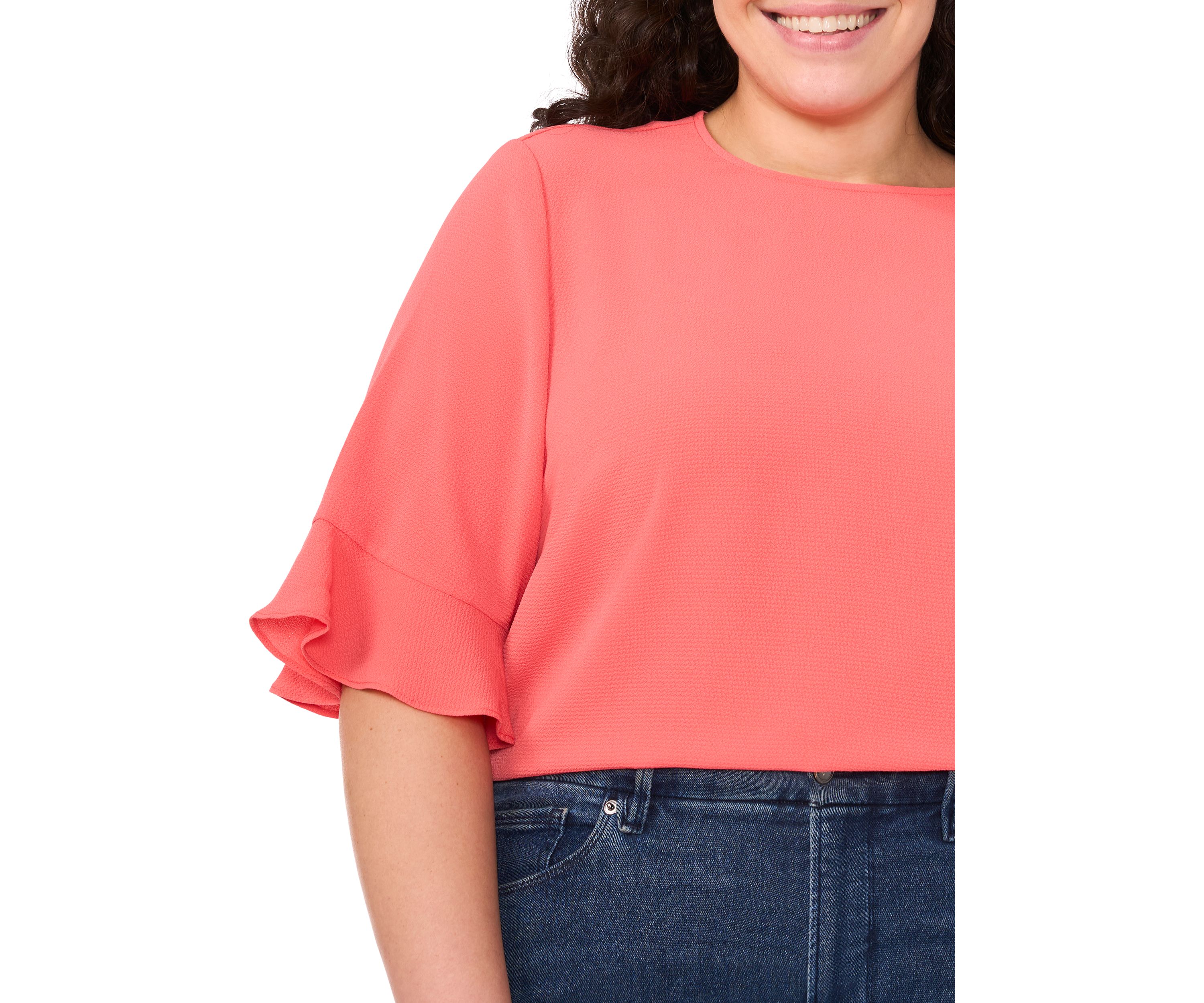 Plus Size Short Sleeve Ruffle Cuff Woven Solid Top