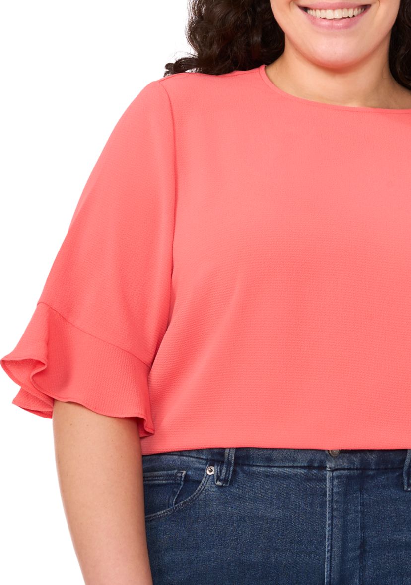 Plus Size Short Sleeve Ruffle Cuff Woven Solid Top