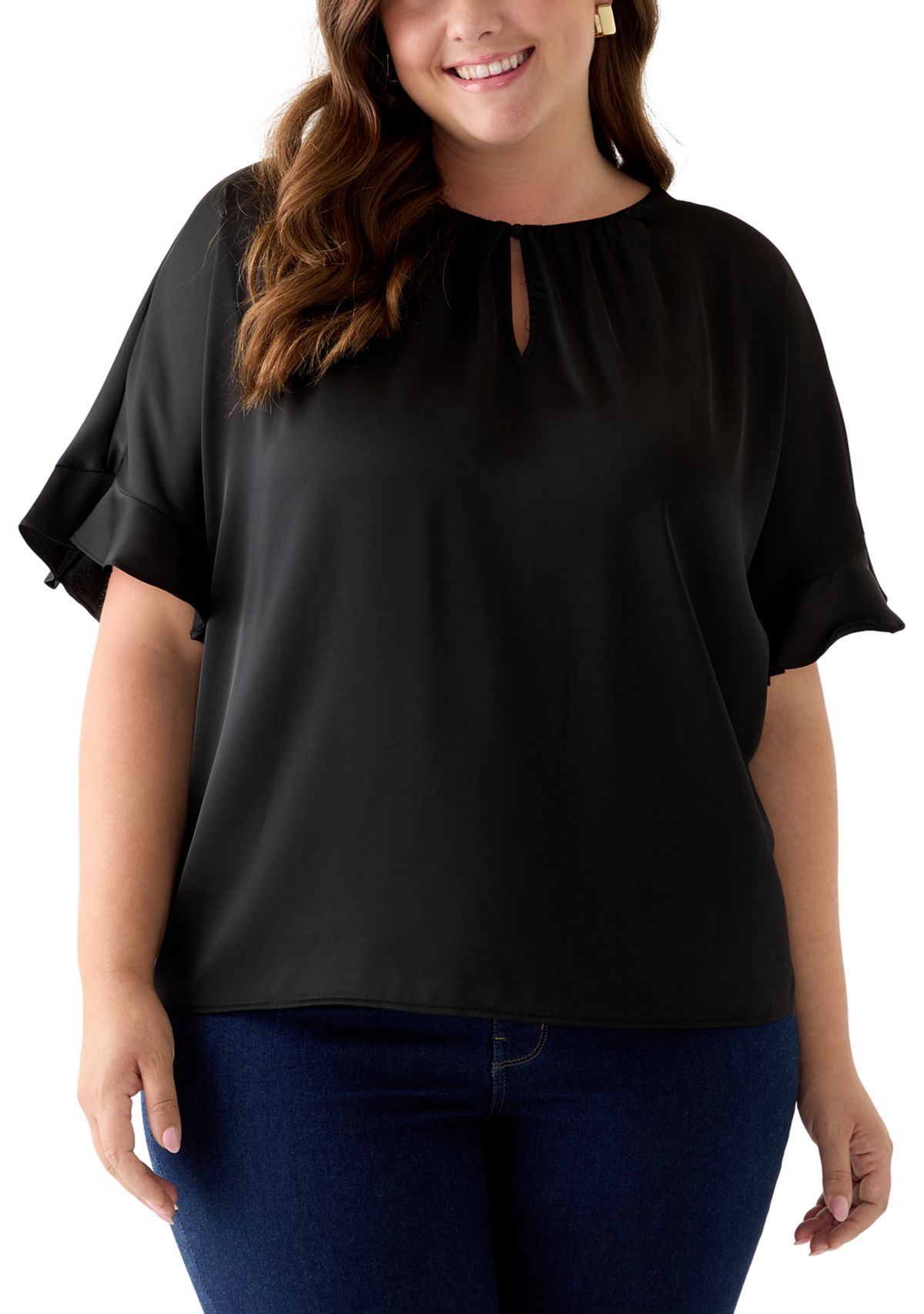 Plus Size Short Sleeve Keyhole Neck Blouse with Ruffles 