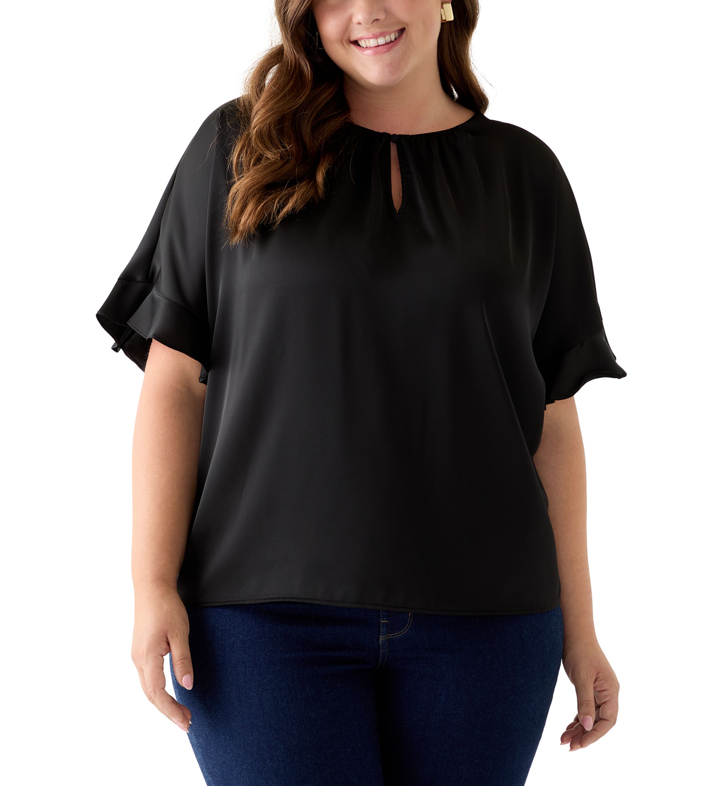 Plus Size Short Sleeve Keyhole Neck Blouse with Ruffles 