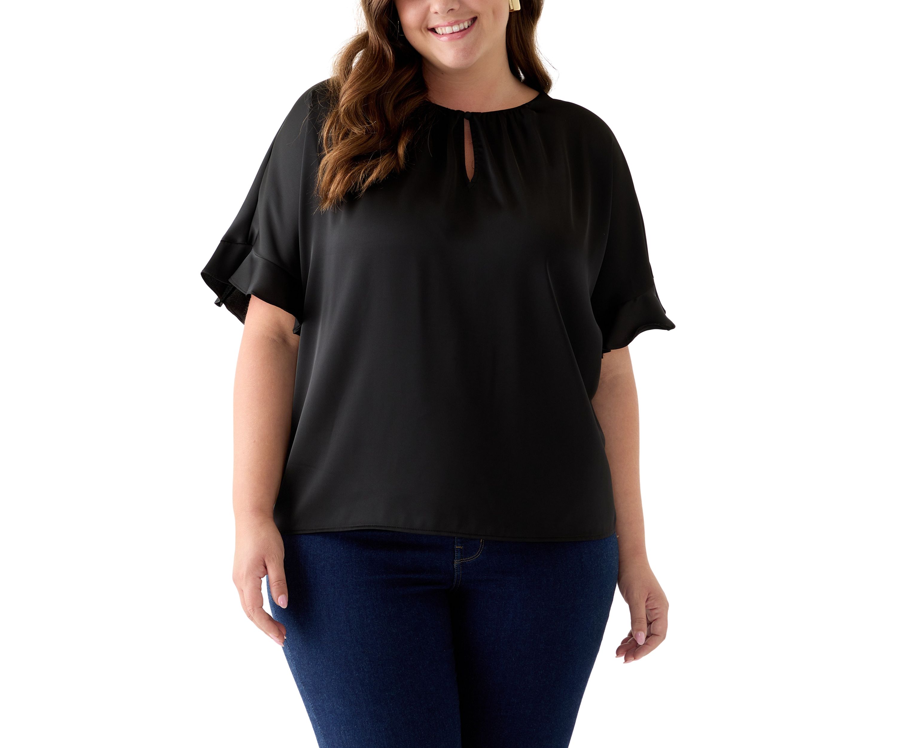 Plus Size Short Sleeve Keyhole Neck Blouse with Ruffles 