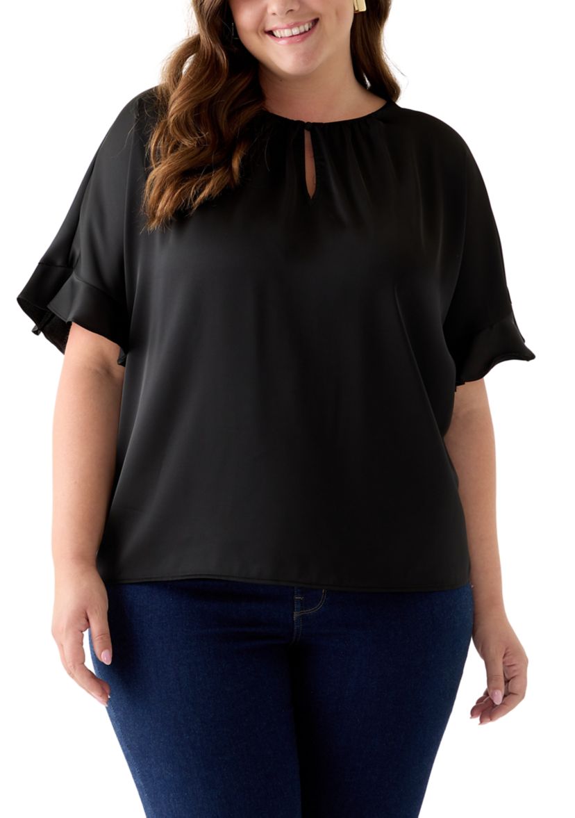 Plus Size Short Sleeve Keyhole Neck Blouse with Ruffles 