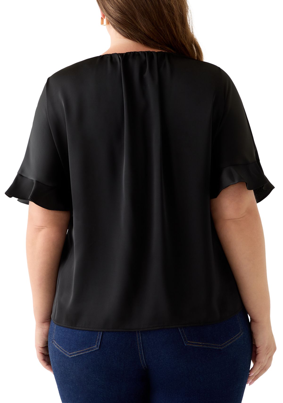 Plus Size Short Sleeve Keyhole Neck Blouse with Ruffles 