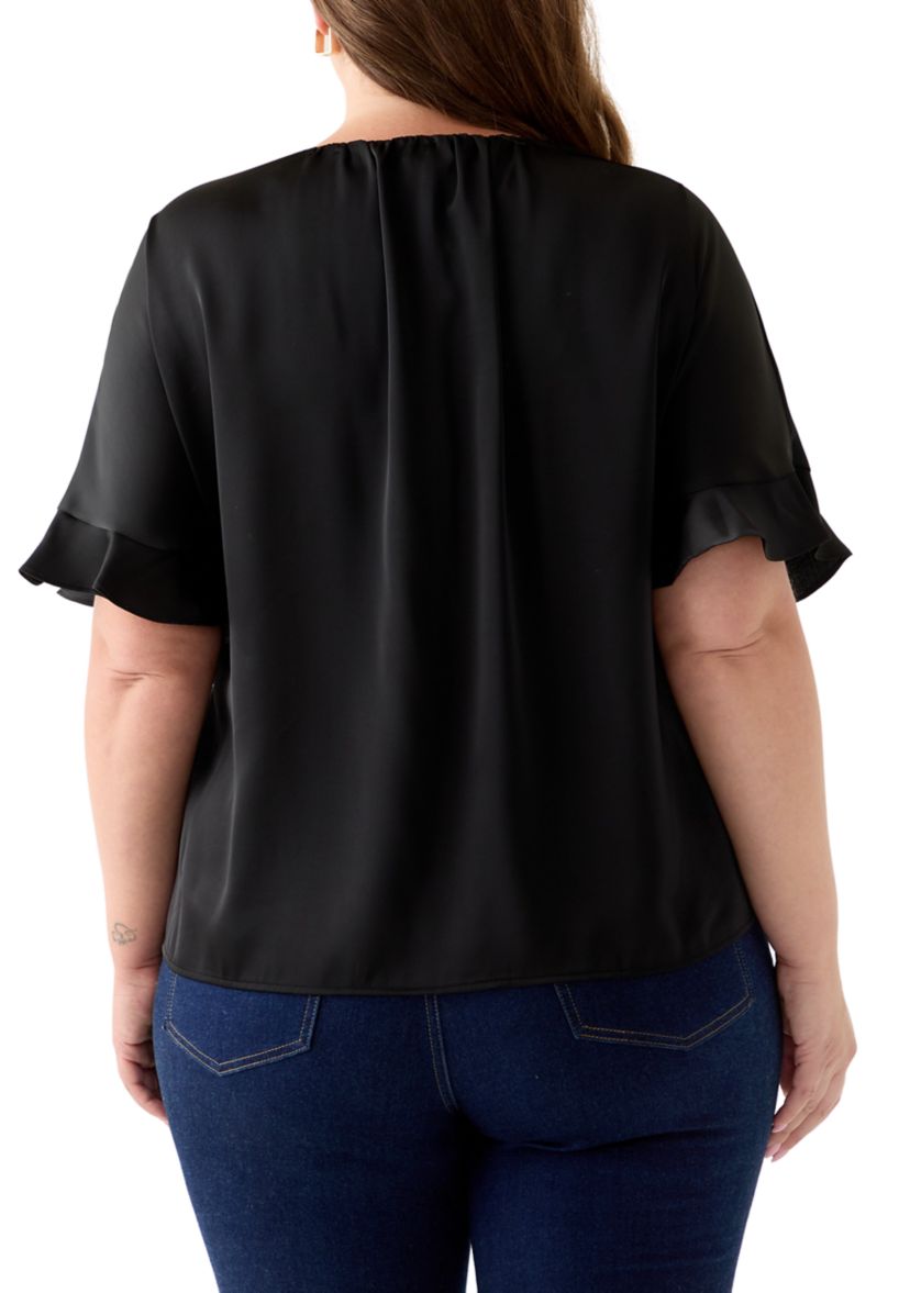 Plus Size Short Sleeve Keyhole Neck Blouse with Ruffles 