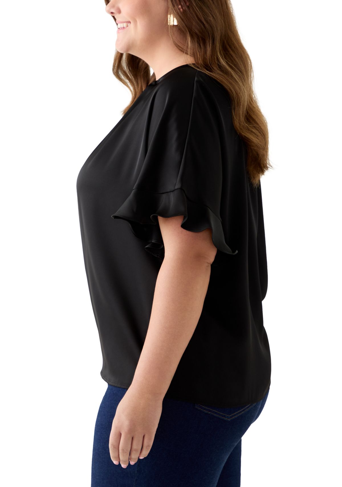 Plus Size Short Sleeve Keyhole Neck Blouse with Ruffles 