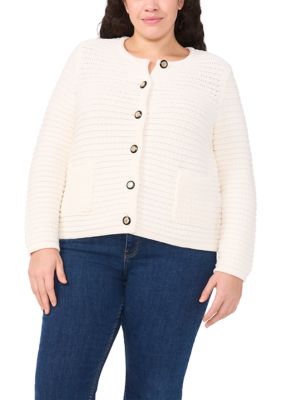 CeCe Women's Plus Size Solid Cardigan Jacket, White, 1X
