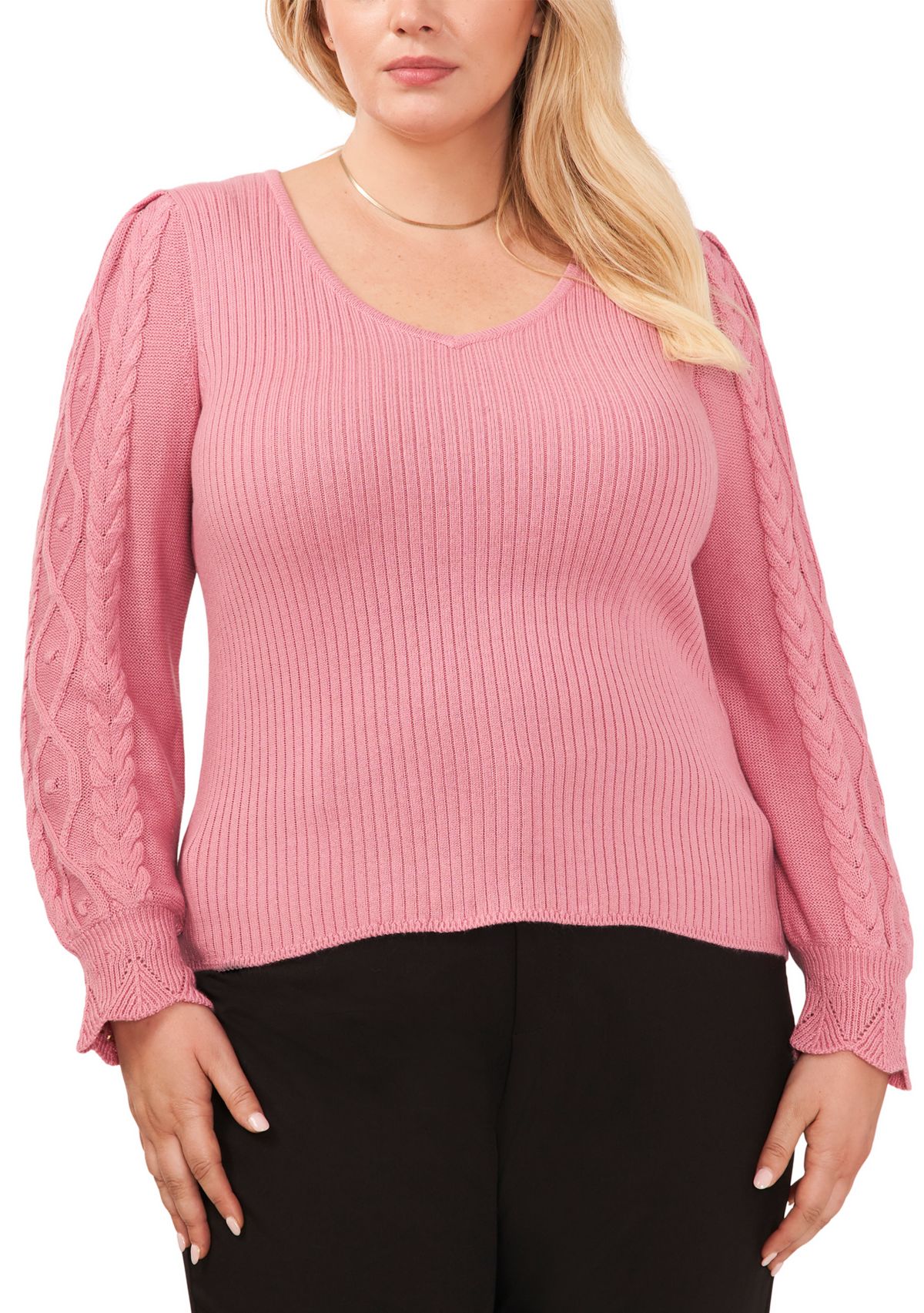 Plus Size V-Neck Sweater with Cable Sleeves 