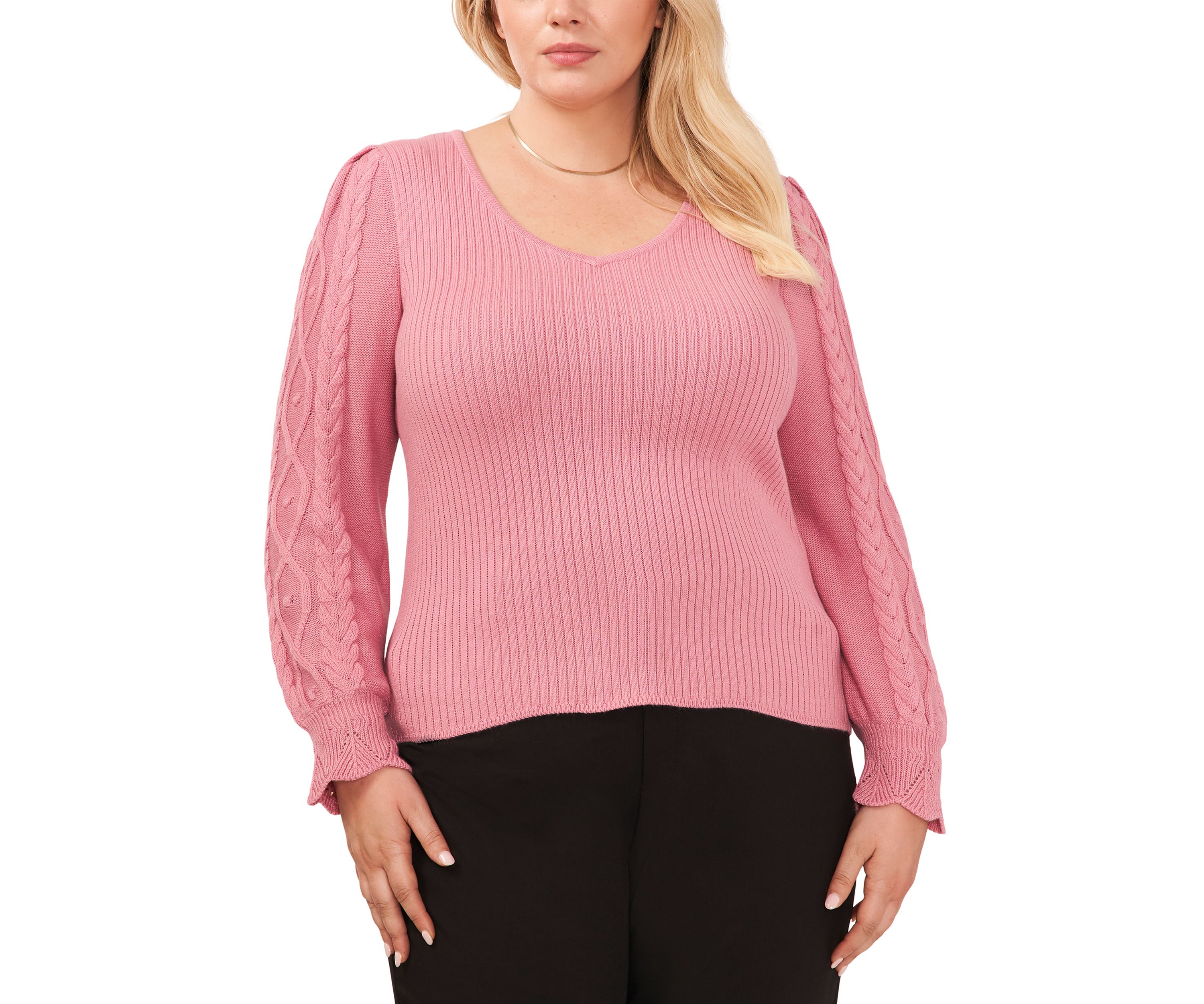 Plus Size V-Neck Sweater with Cable Sleeves 