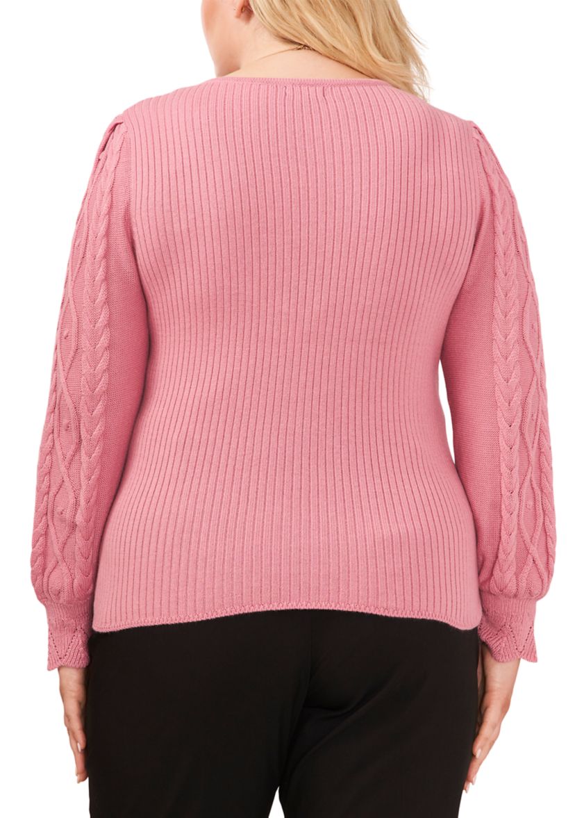 Plus Size V-Neck Sweater with Cable Sleeves 