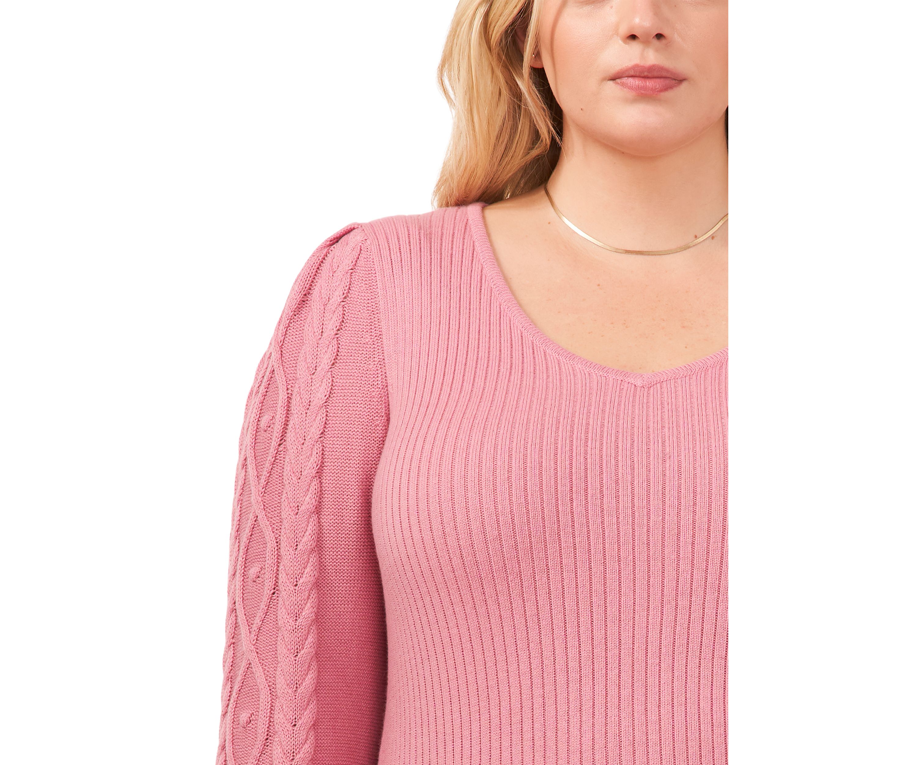 Plus Size V-Neck Sweater with Cable Sleeves 