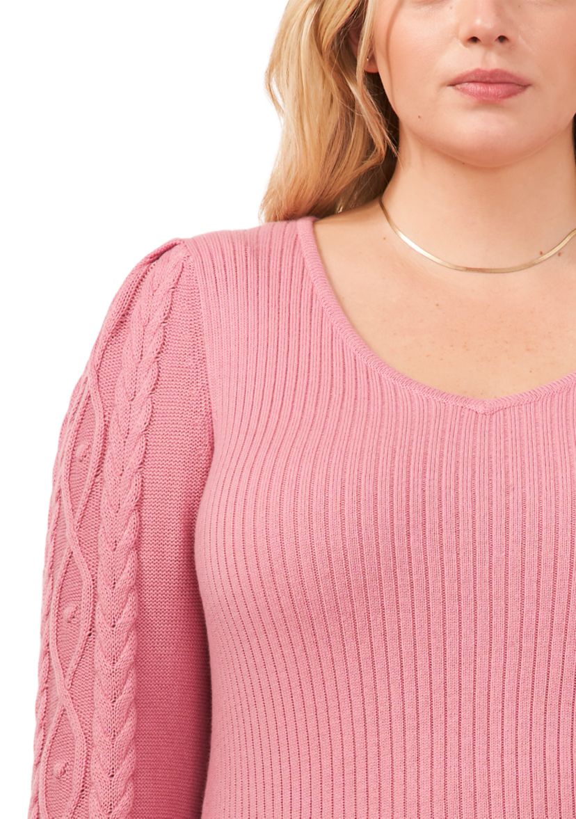 Plus Size V-Neck Sweater with Cable Sleeves 