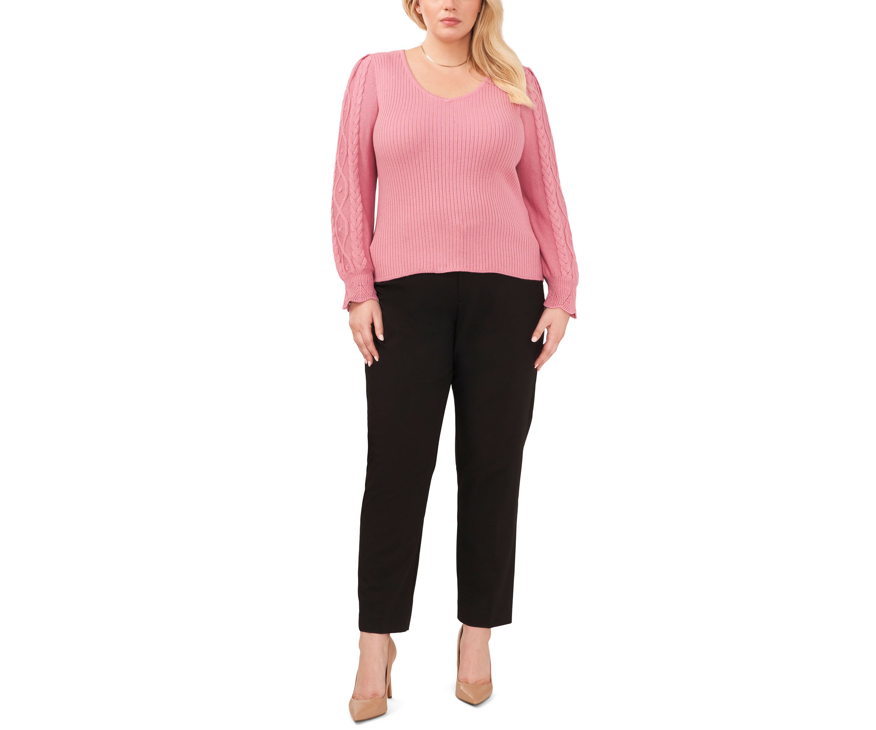 Plus Size V-Neck Sweater with Cable Sleeves 