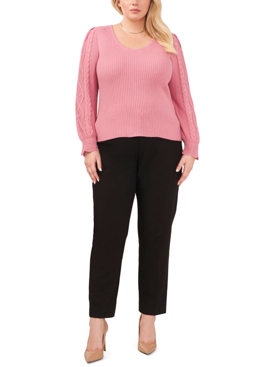 Plus Size V-Neck Sweater with Cable Sleeves 