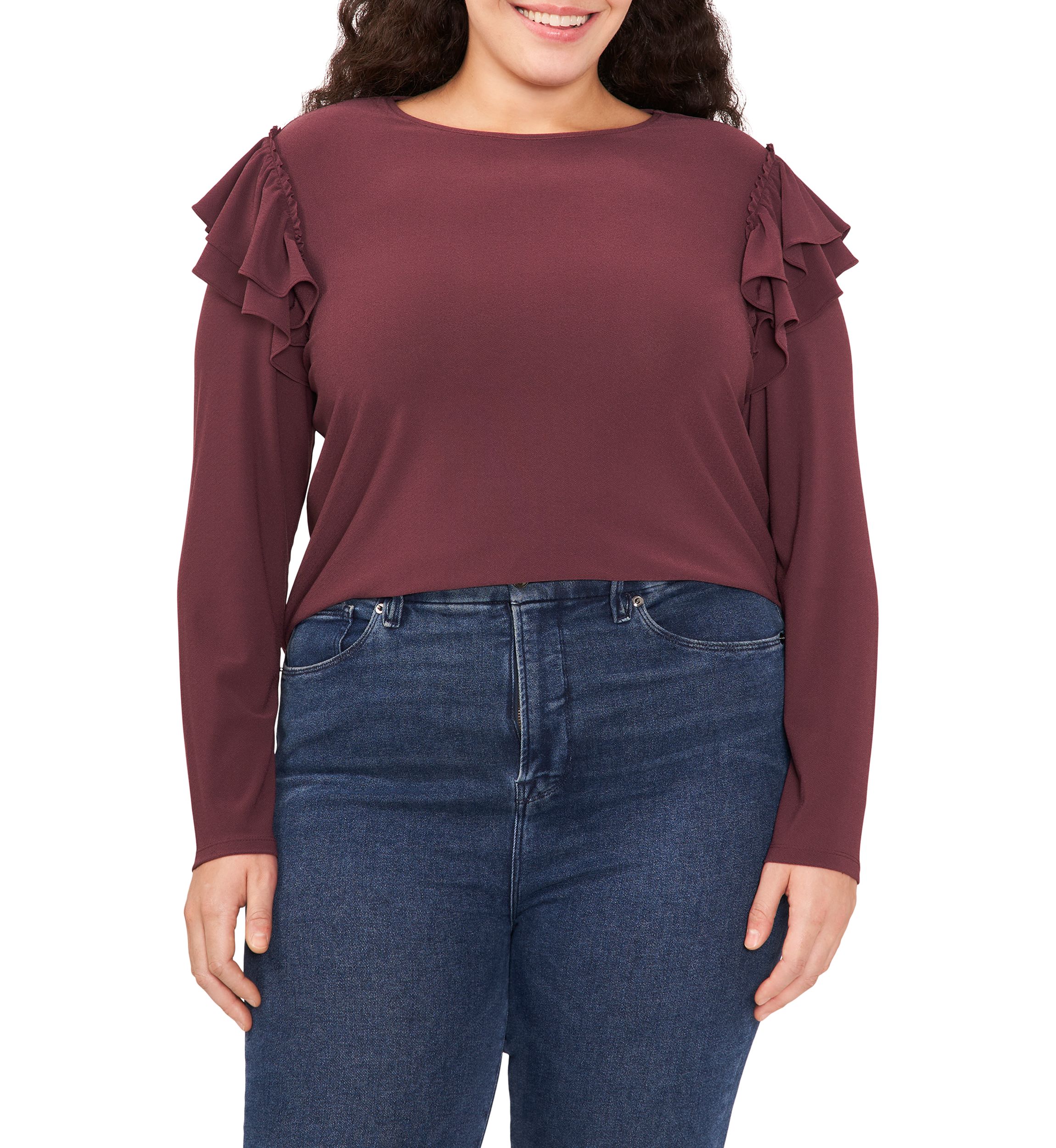 Womens Long Sleeve Scoop Neck Ruffle Knit Sweater 