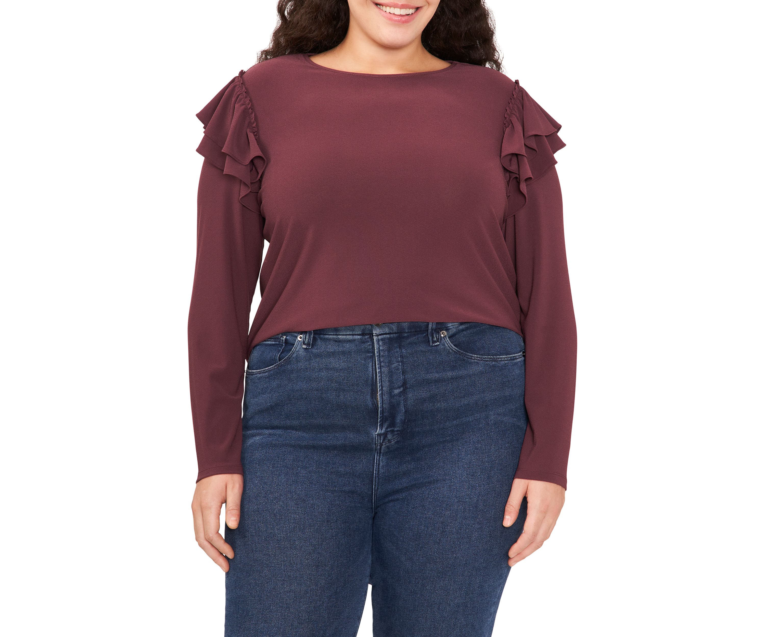 Womens Long Sleeve Scoop Neck Ruffle Knit Sweater 