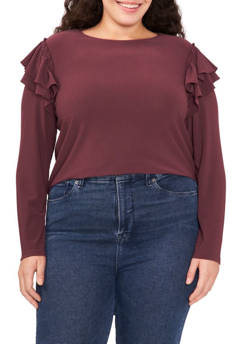 Womens Long Sleeve Scoop Neck Ruffle Knit Sweater 