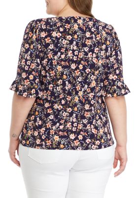 Plus Printed Blouse with Ruffle Cuffs