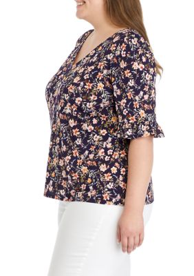 Plus Printed Blouse with Ruffle Cuffs