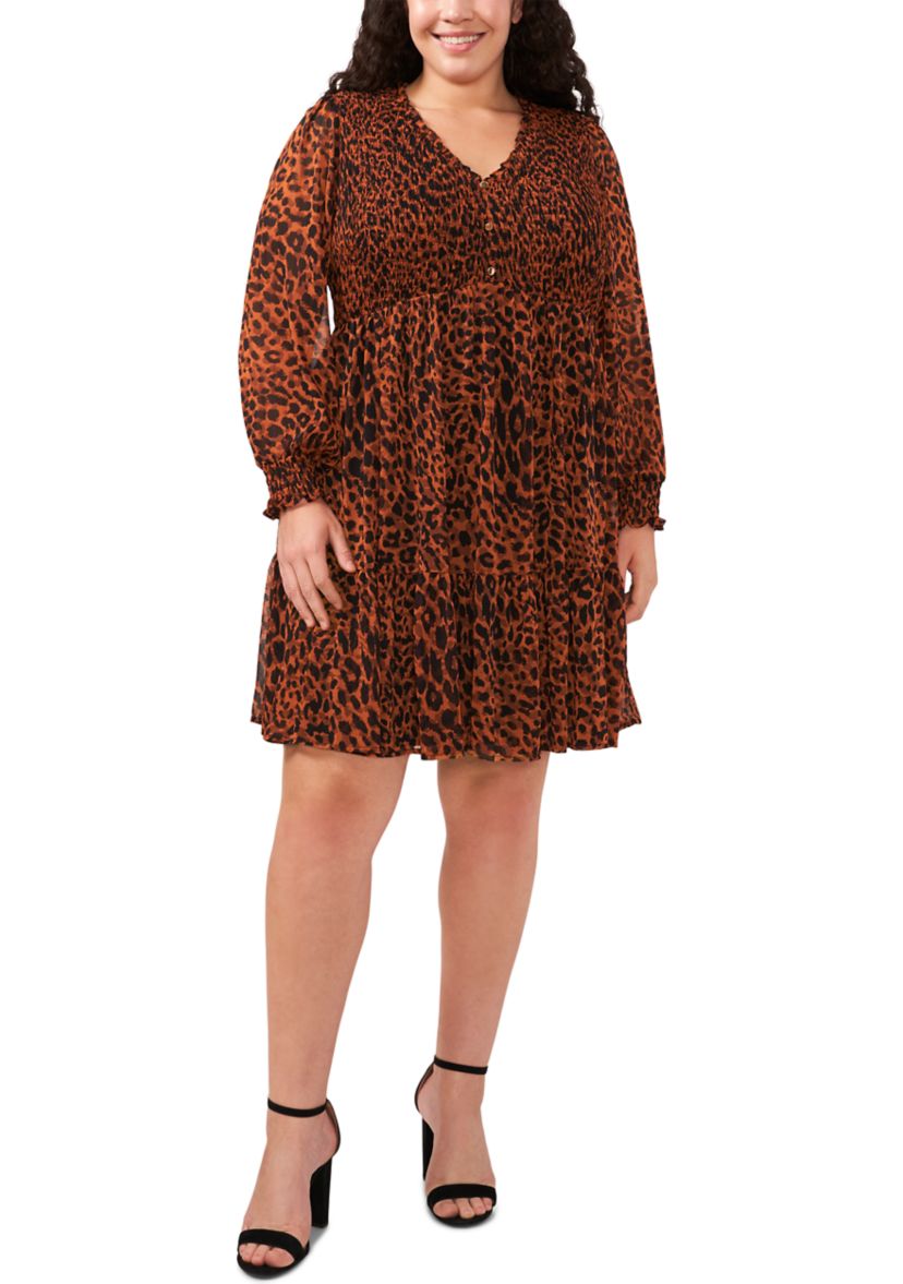 Plus Size Long Sleeve V-Neck Printed Babydoll Dress