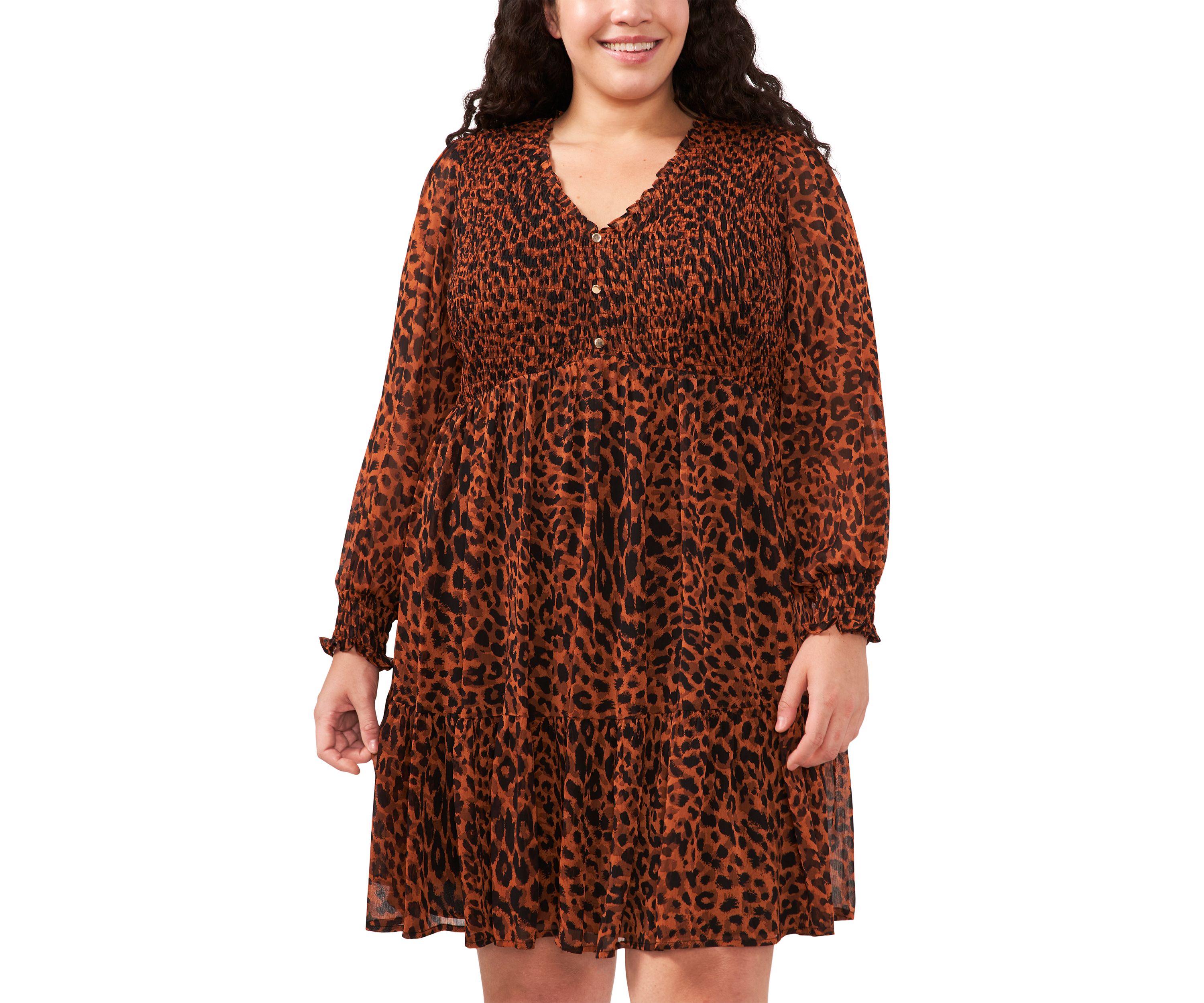 Plus Size Long Sleeve V-Neck Printed Babydoll Dress