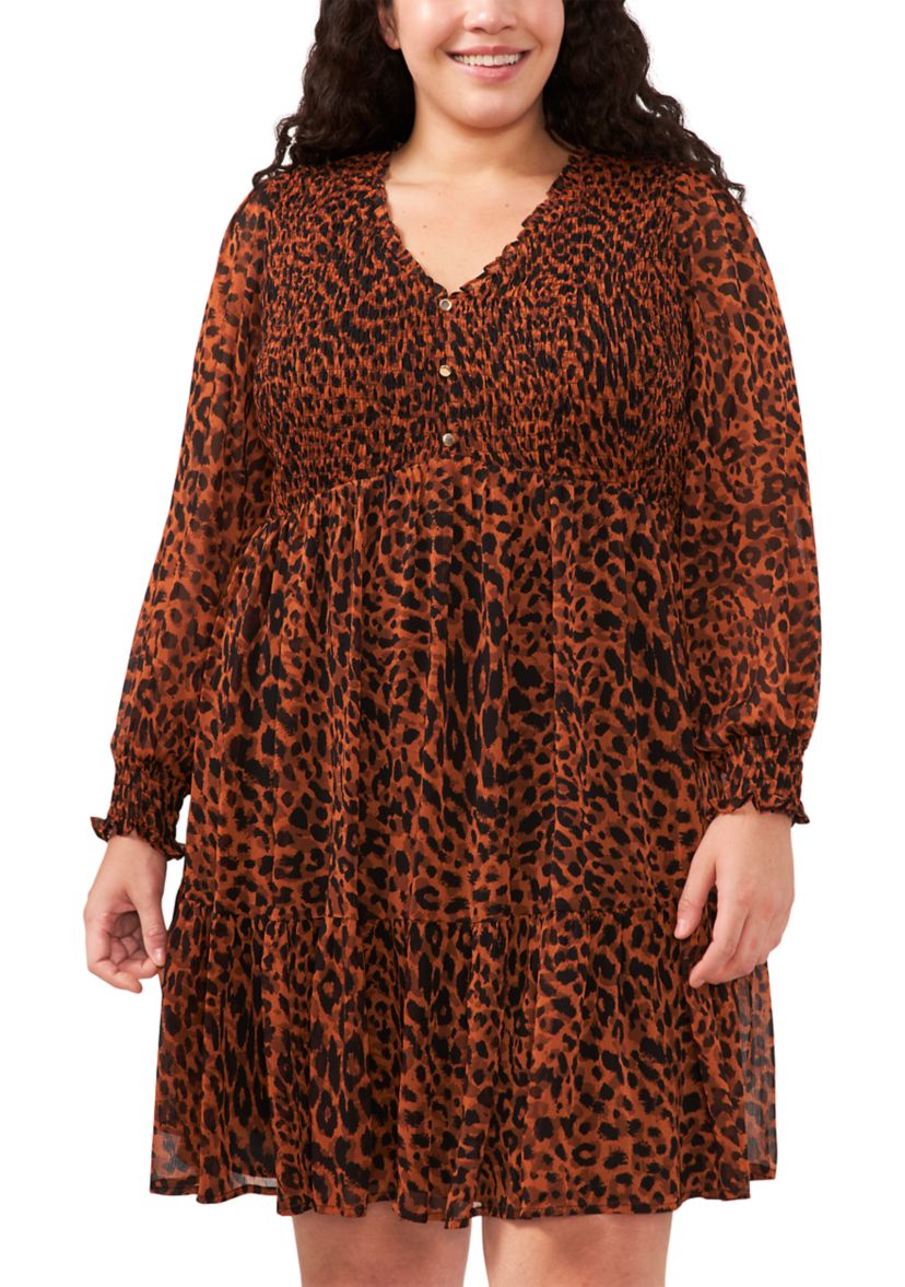 Plus Size Long Sleeve V-Neck Printed Babydoll Dress
