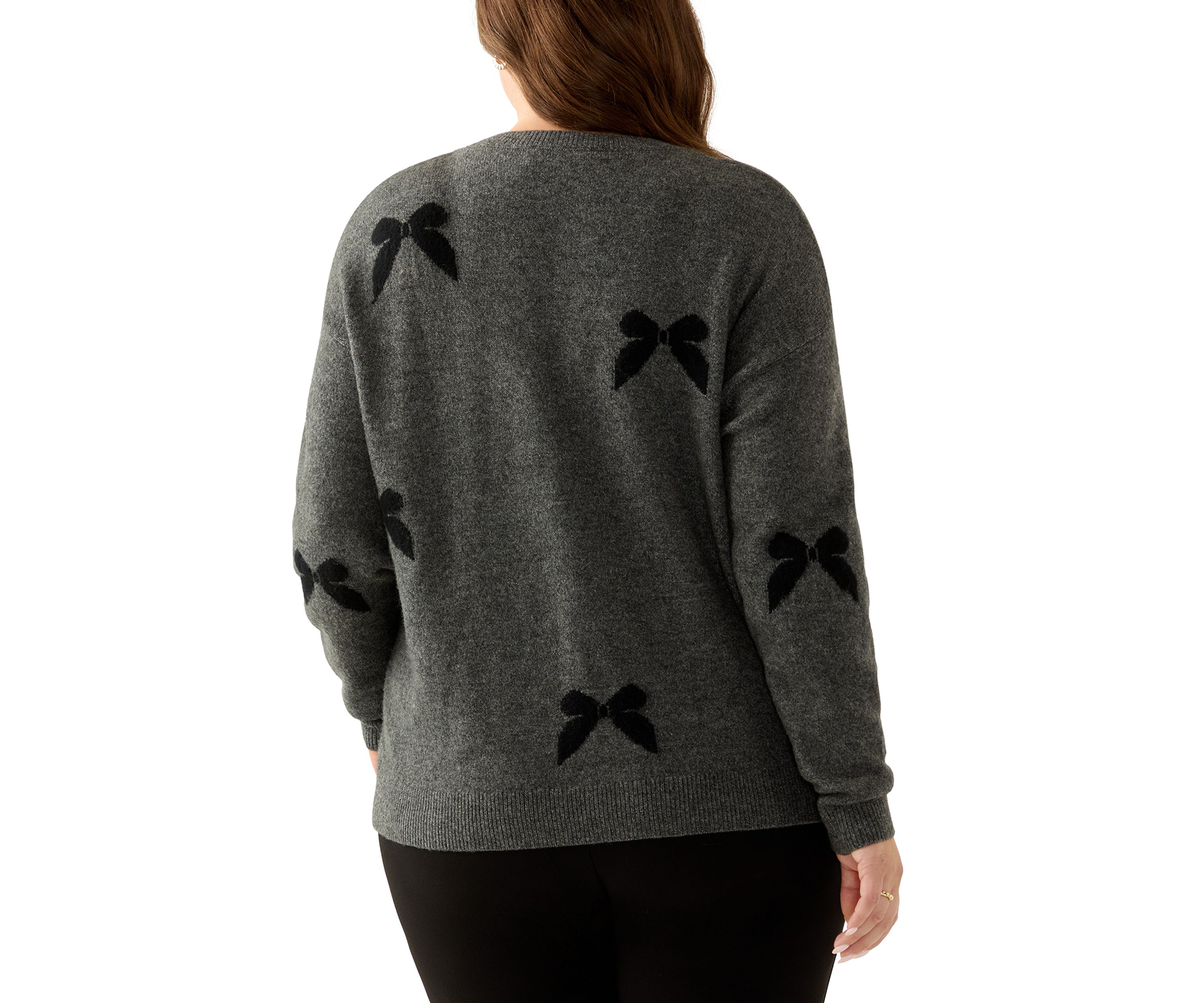 Plus Size Long Sleeve 3D Bow Applique Sweater 