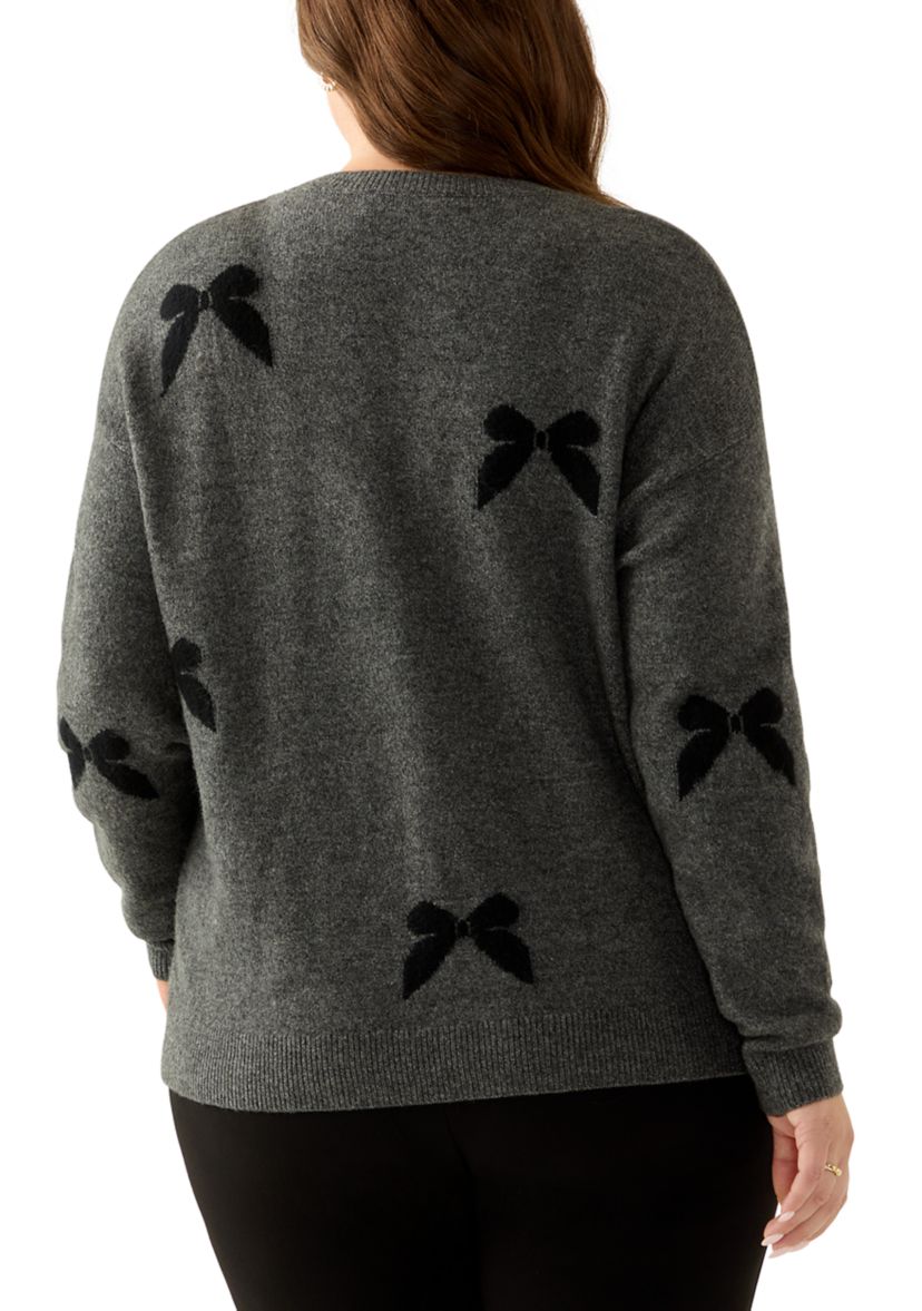 Plus Size Long Sleeve 3D Bow Applique Sweater 
