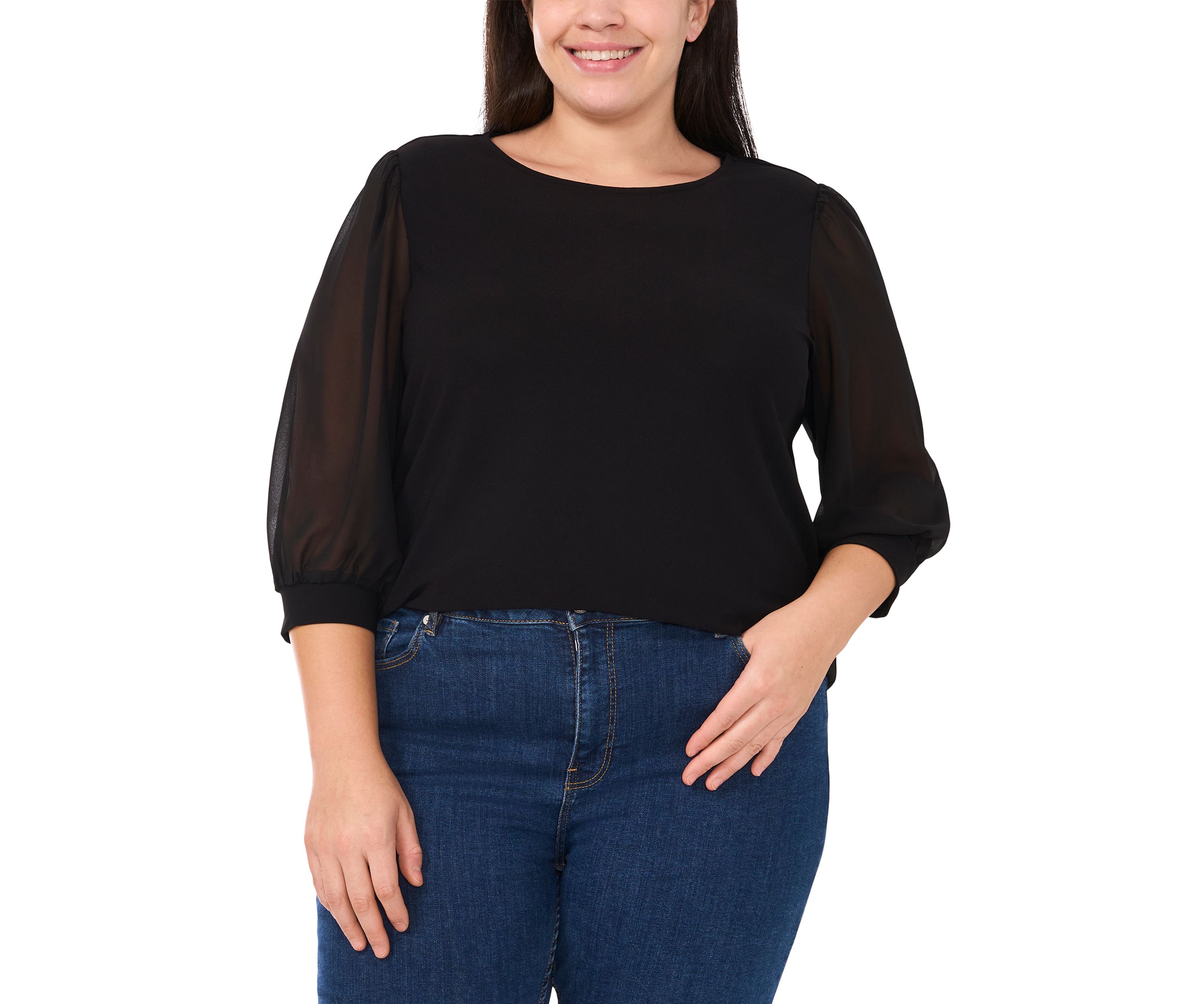 Plus Size Long Sleeve Mixed Media Crew Top 