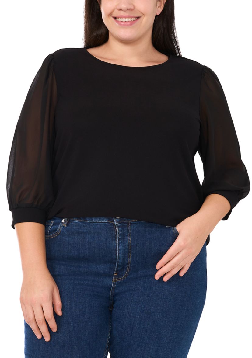 Plus Size Long Sleeve Mixed Media Crew Top 