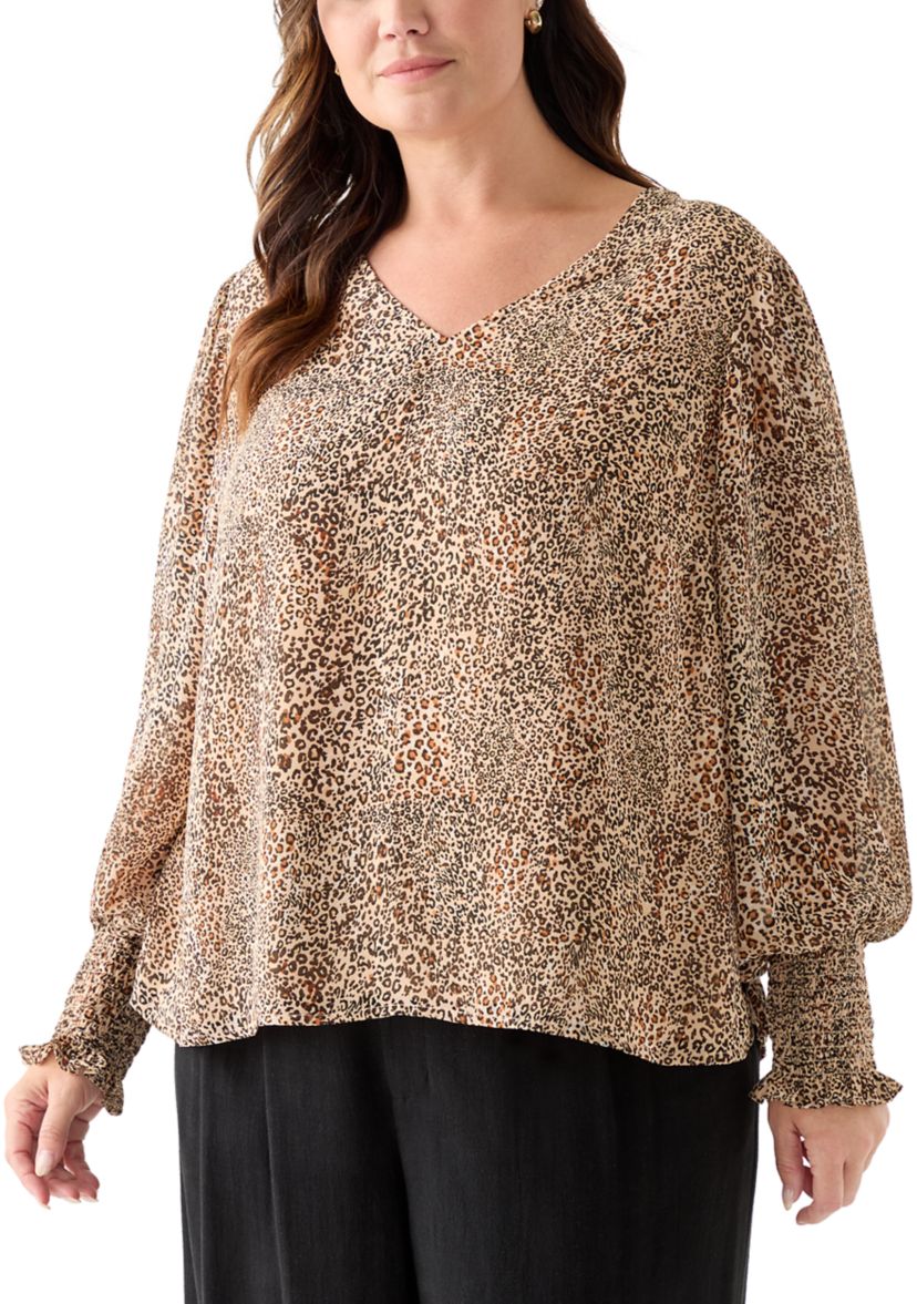 Plus Size V-Neck Blouse with Cuff Sleeves