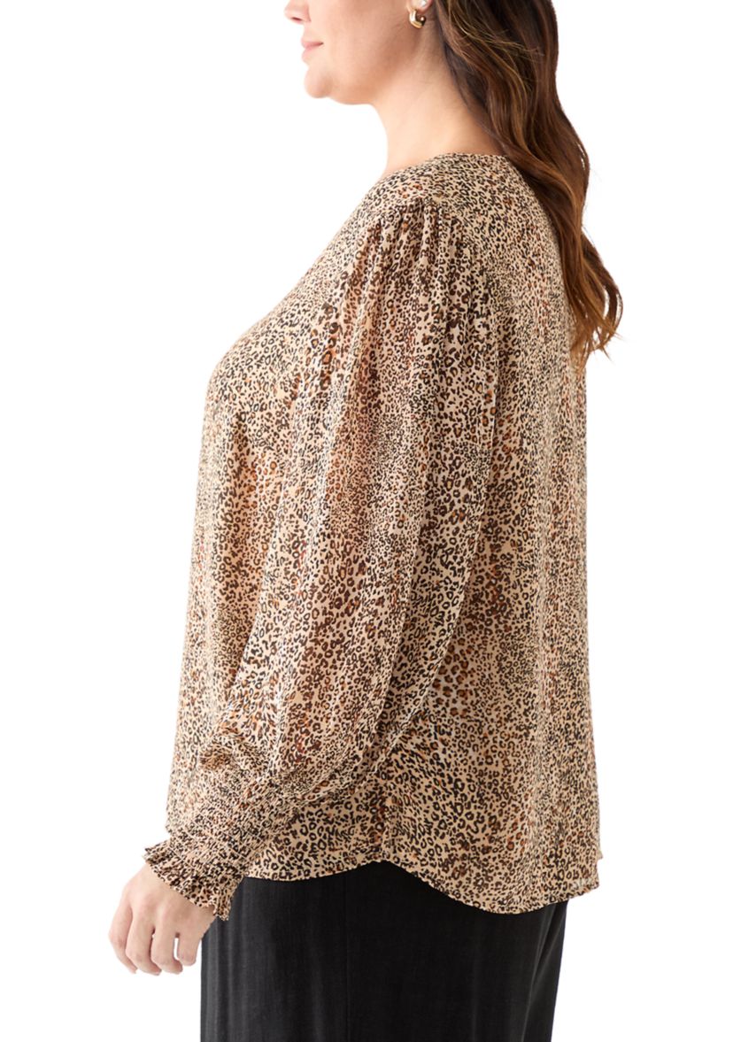 Plus Size V-Neck Blouse with Cuff Sleeves