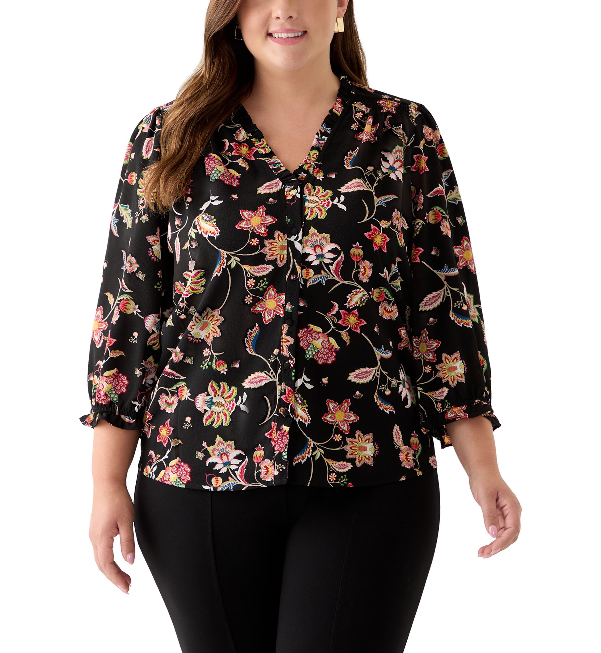 Plus Size 3/4 Sleeve Button Front Blouse in Rich Black