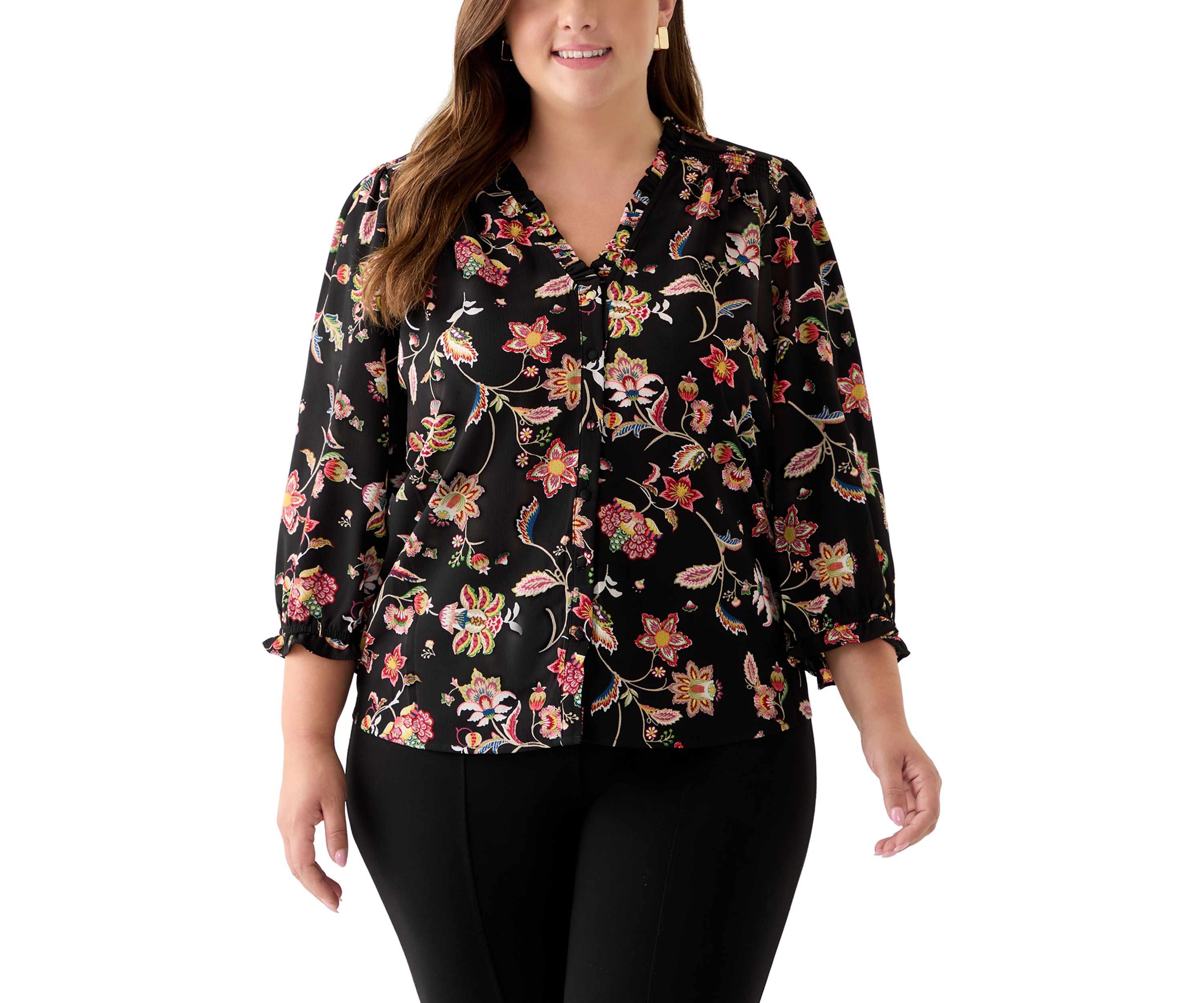 Plus Size 3/4 Sleeve Button Front Blouse in Rich Black