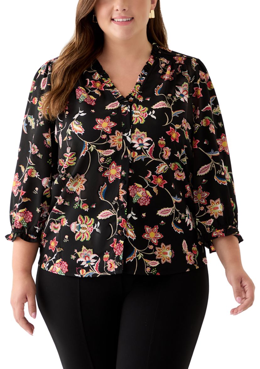 Plus Size 3/4 Sleeve Button Front Blouse in Rich Black