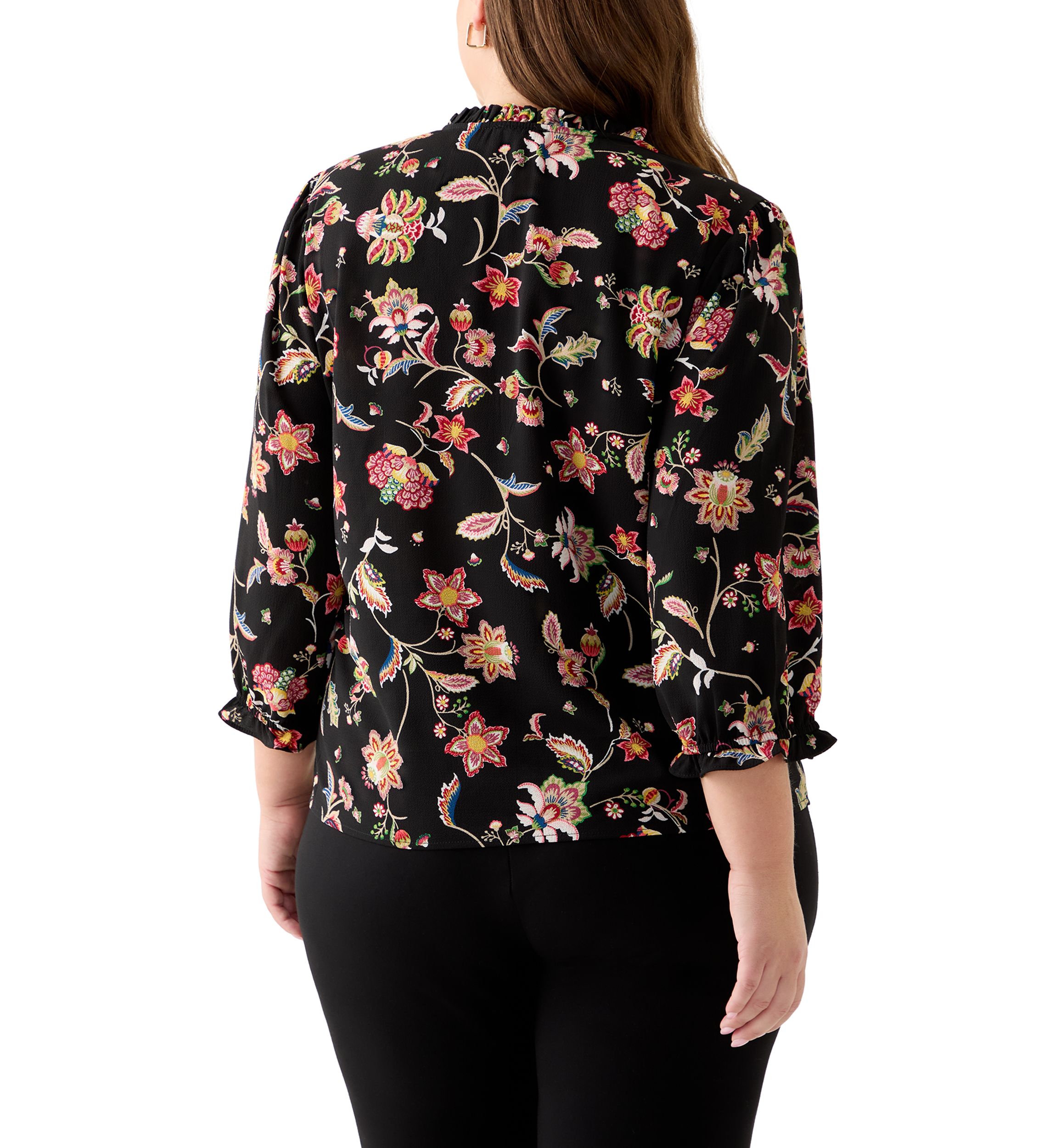 Plus Size 3/4 Sleeve Button Front Blouse in Rich Black