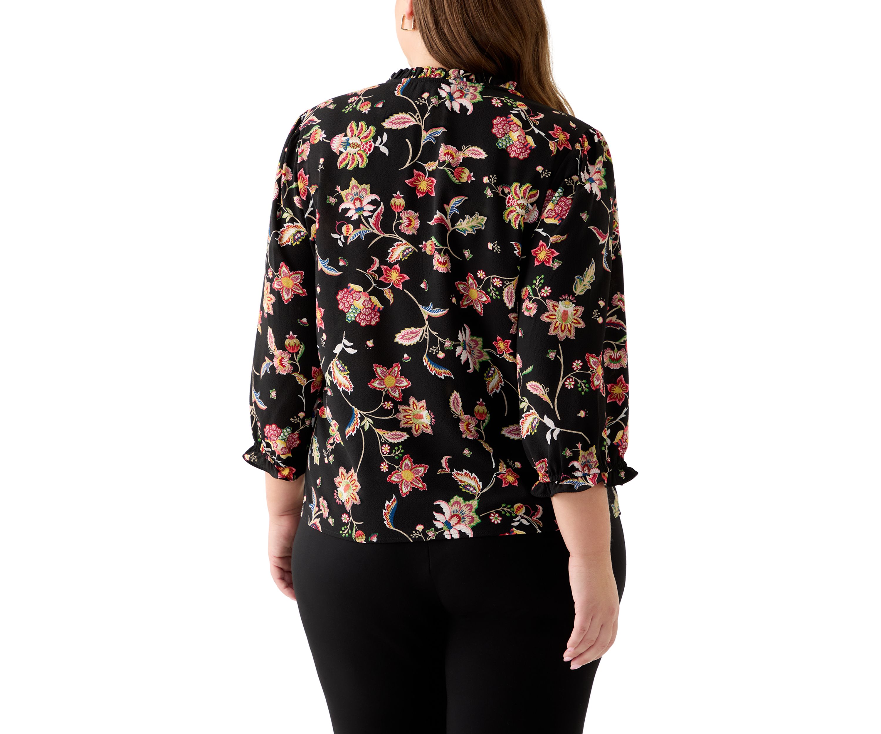 Plus Size 3/4 Sleeve Button Front Blouse in Rich Black