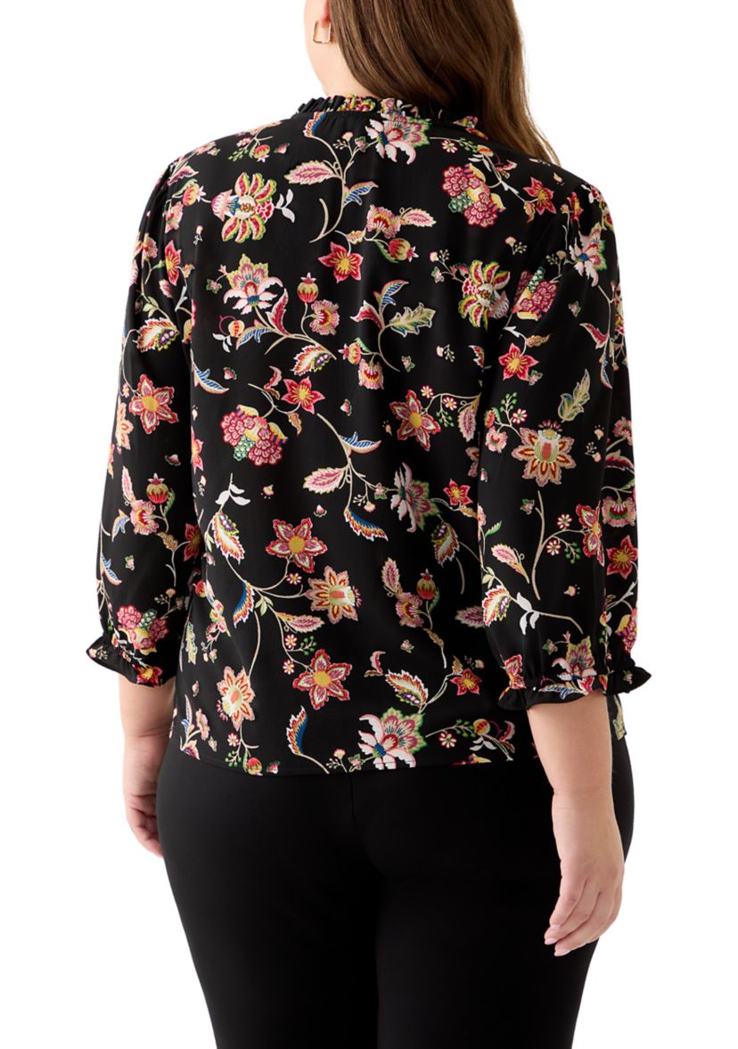 Plus Size 3/4 Sleeve Button Front Blouse in Rich Black