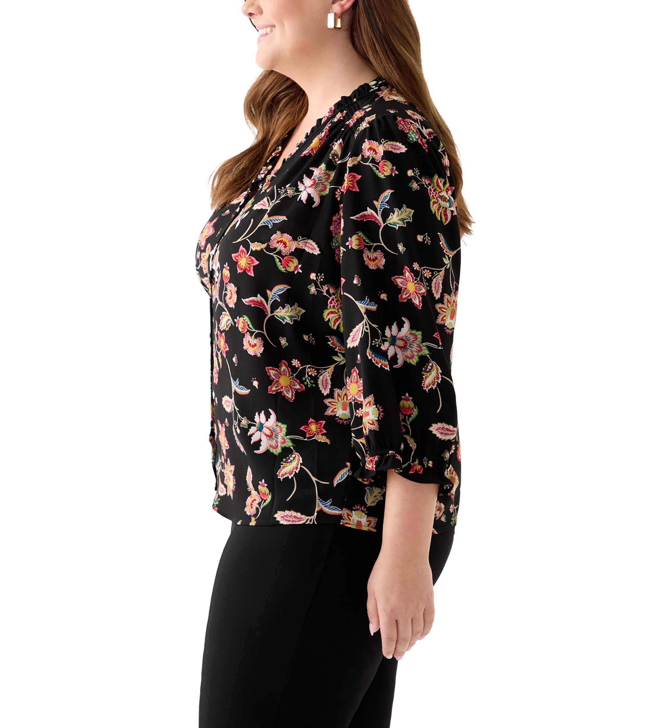 Plus Size 3/4 Sleeve Button Front Blouse in Rich Black