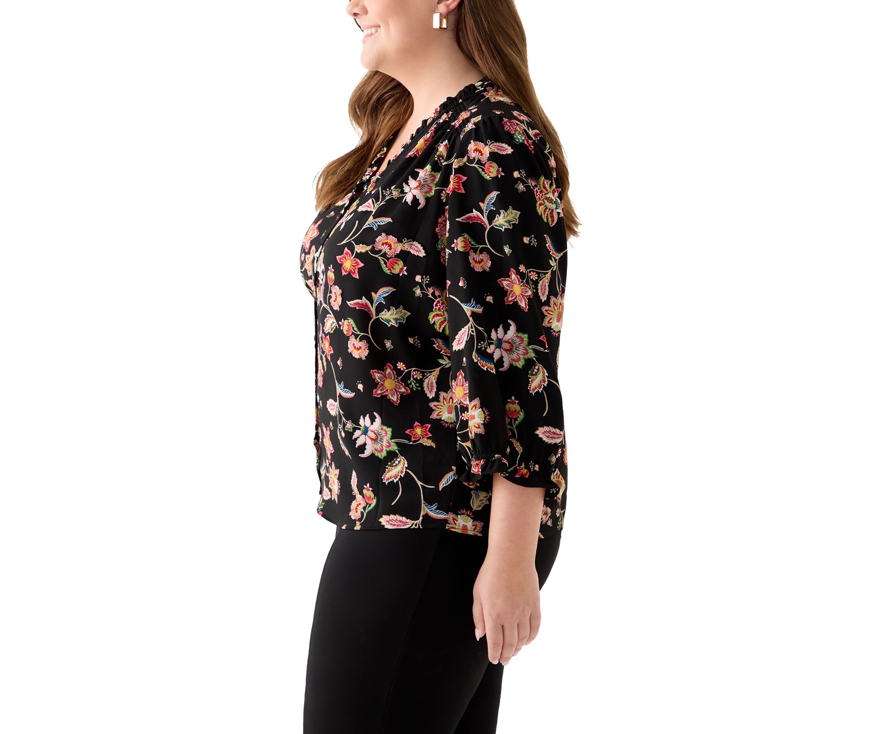 Plus Size 3/4 Sleeve Button Front Blouse in Rich Black