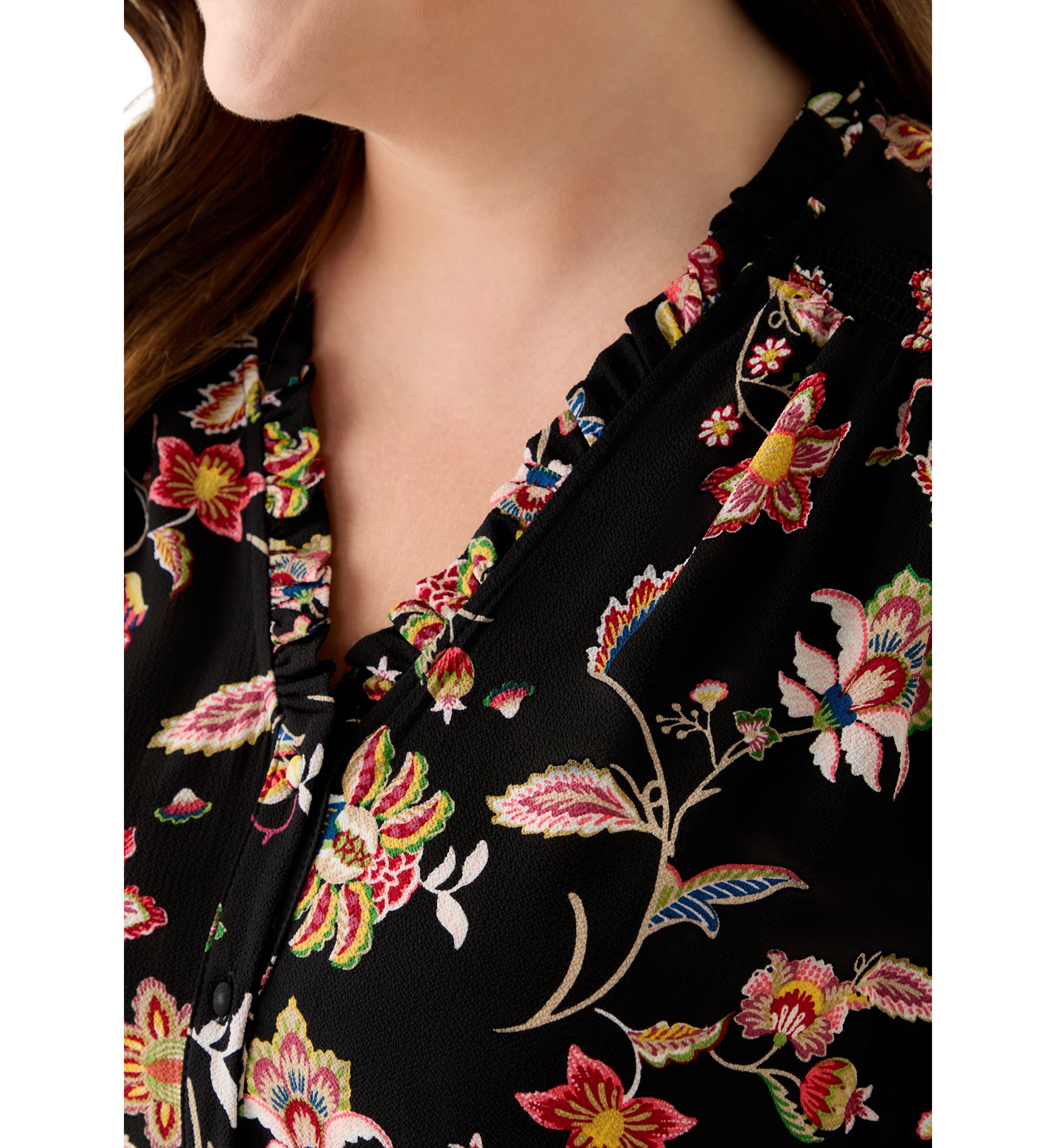 Plus Size 3/4 Sleeve Button Front Blouse in Rich Black