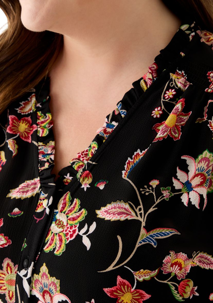 Plus Size 3/4 Sleeve Button Front Blouse in Rich Black